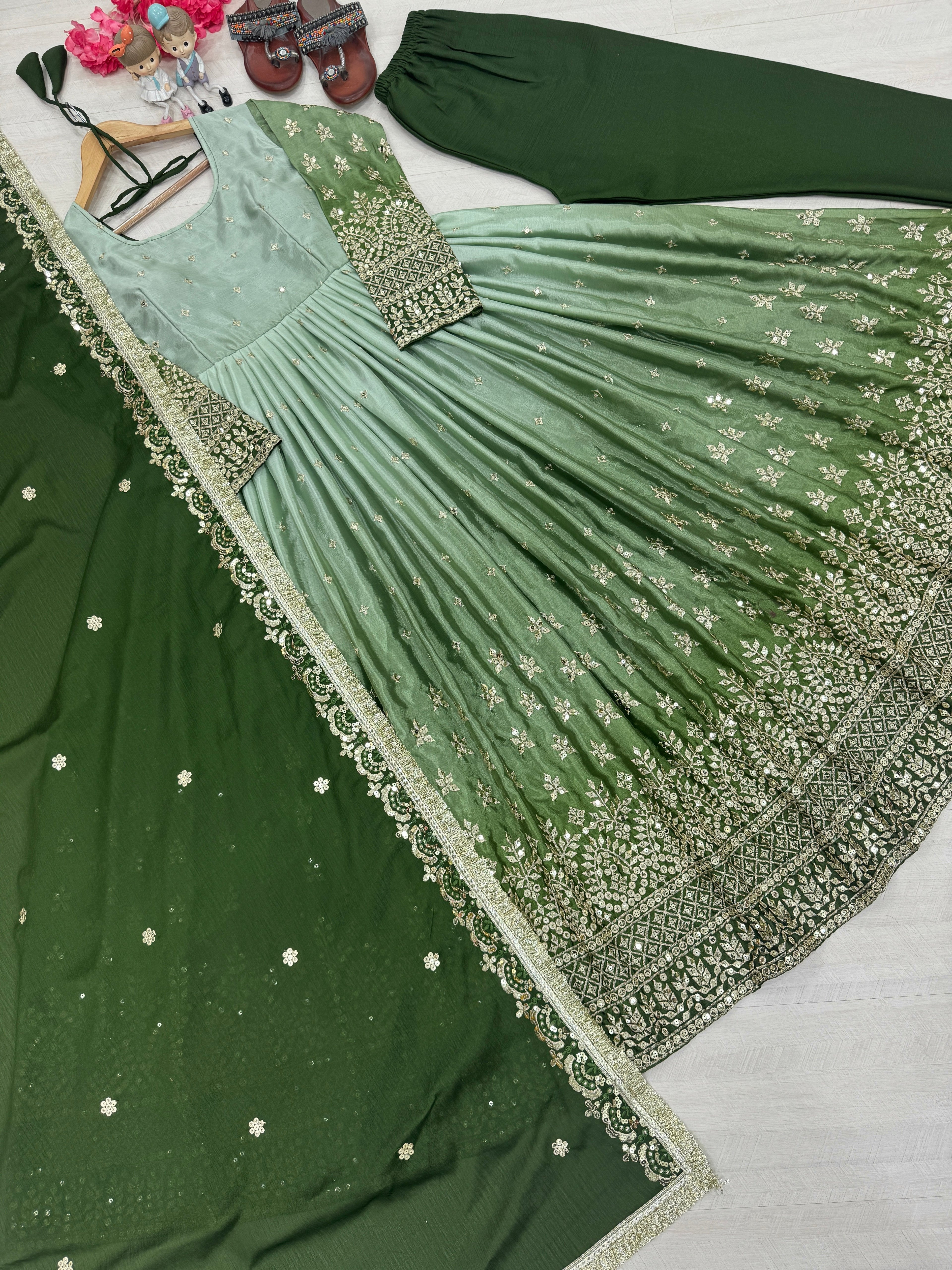 Party Wear Look  Anarkali Gown, Dupatta & Fancy Bottom