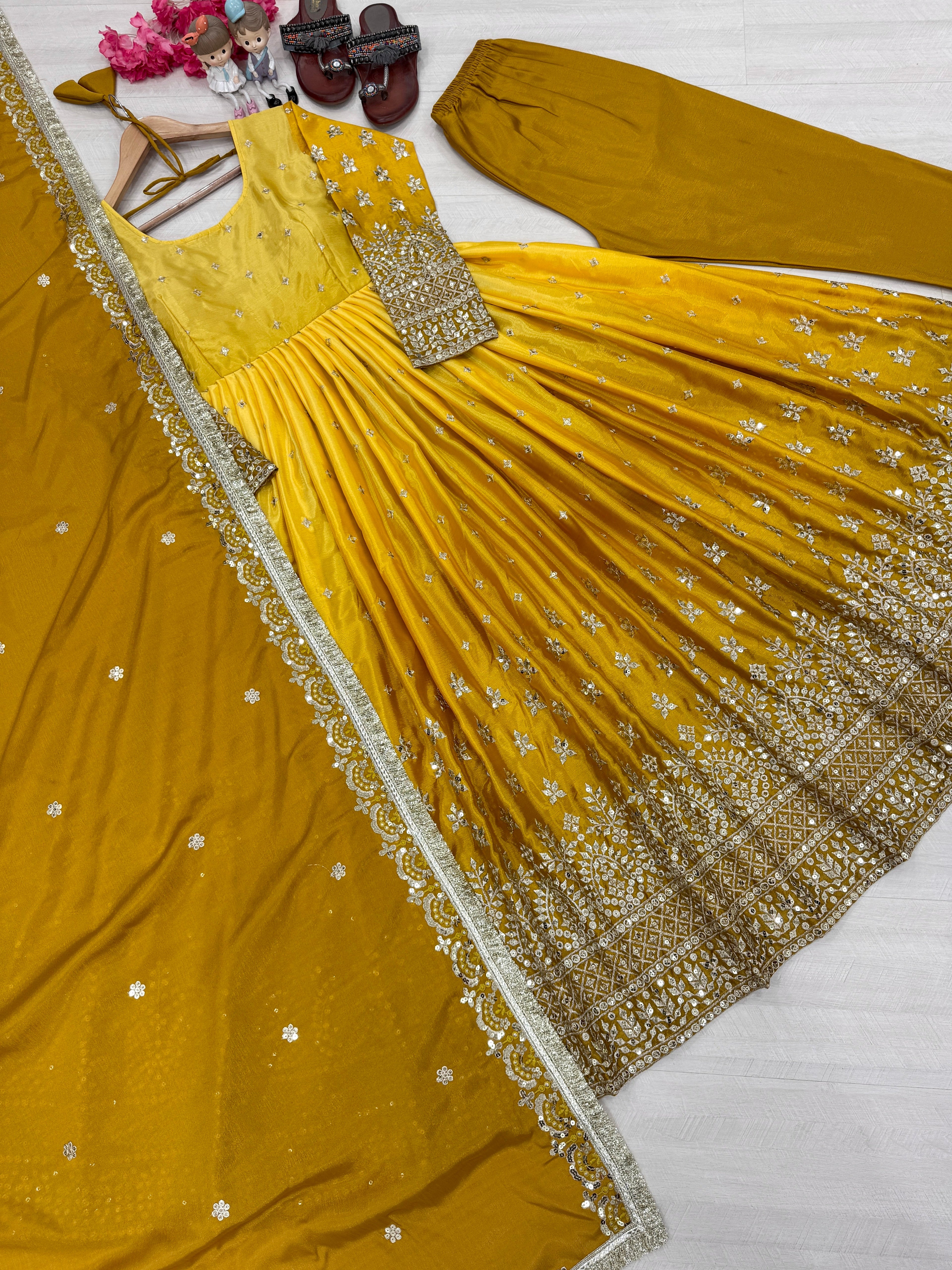 Beautiful Party Wear Look Anarkali Gown, Dupatta & Bottom Set
