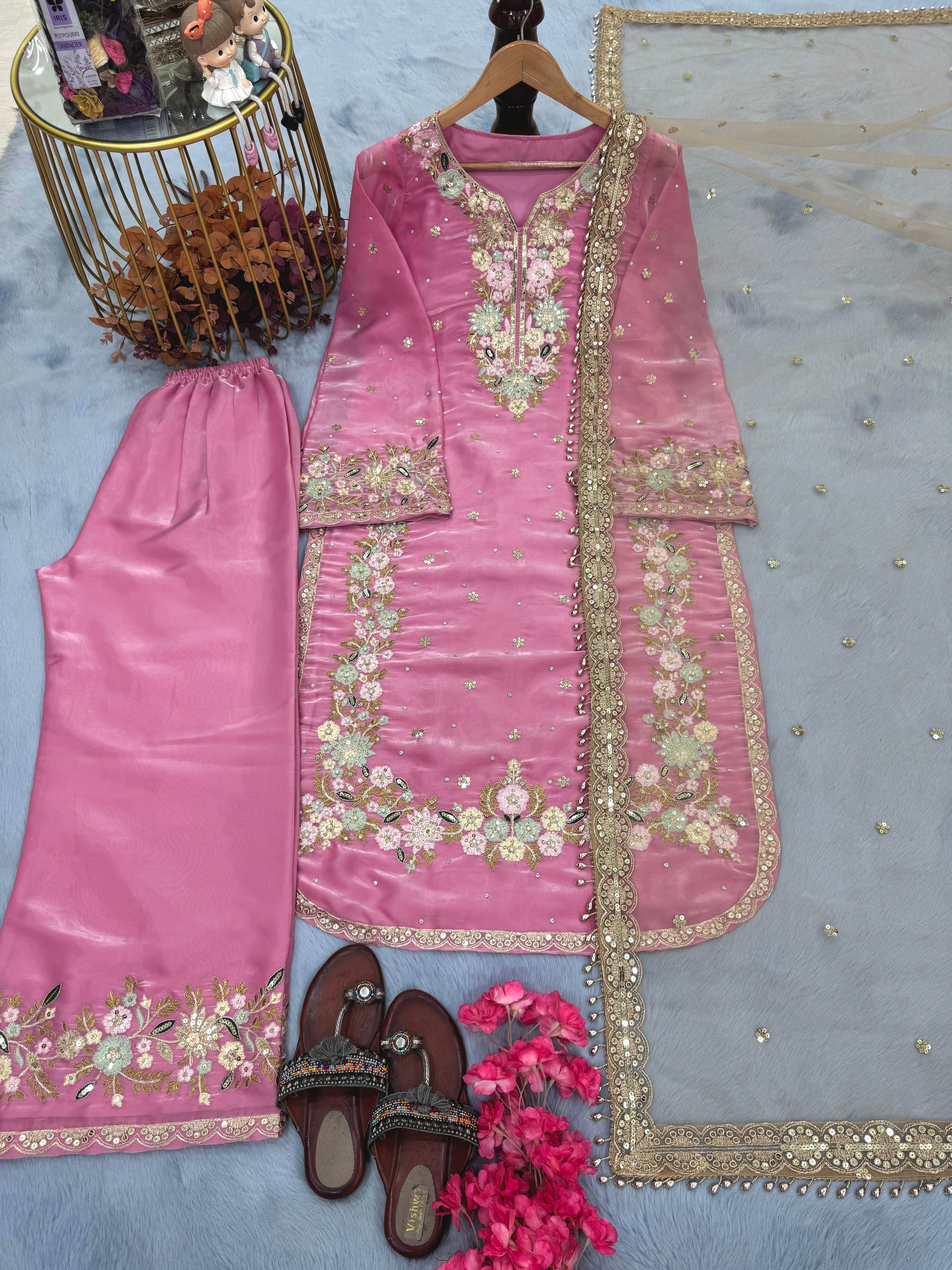 Designer Party Wear Look Silk Top Plazzo & Dupatta Set