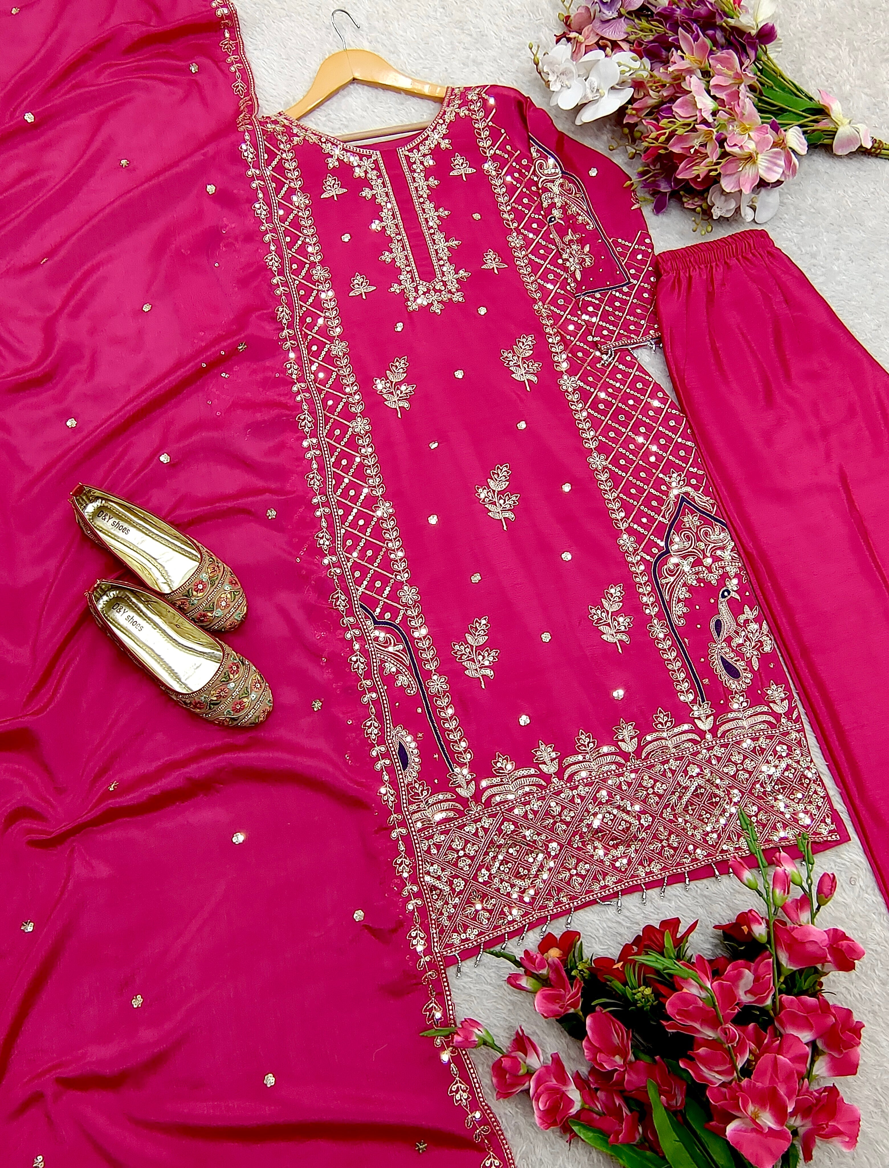 Beautiful Party Wear Top-Pent And Dupatta With Embroidery Sequence Work