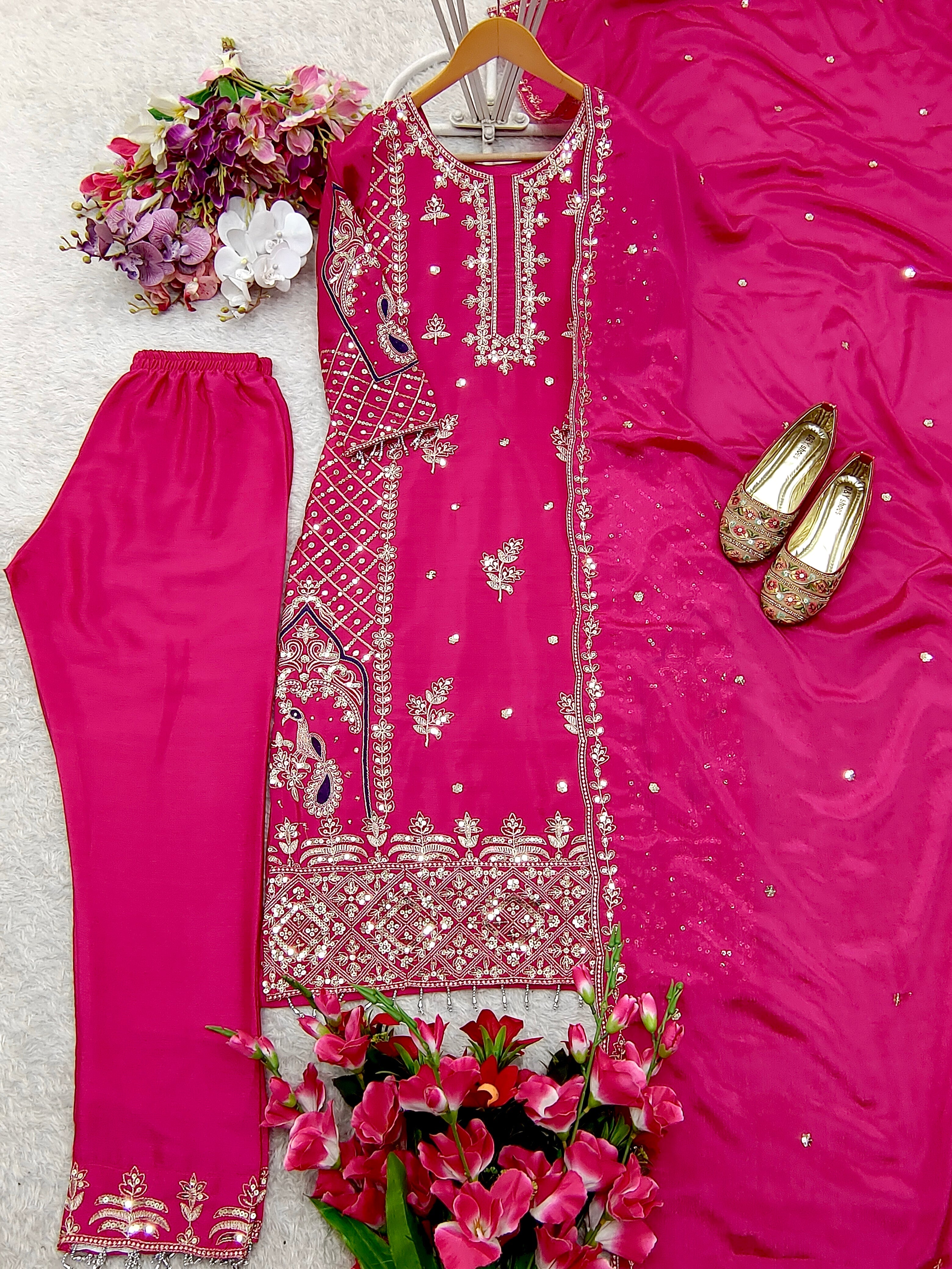 Beautiful Party Wear Top-Pent And Dupatta With Embroidery Sequence Work
