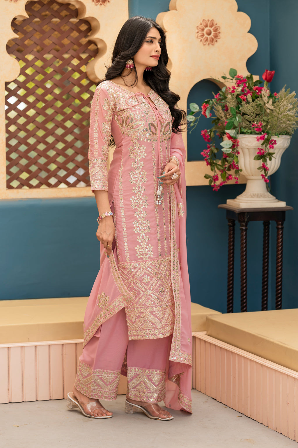 Beautiful Fancy Top Plazzo And Dupatta With Embroidery Work