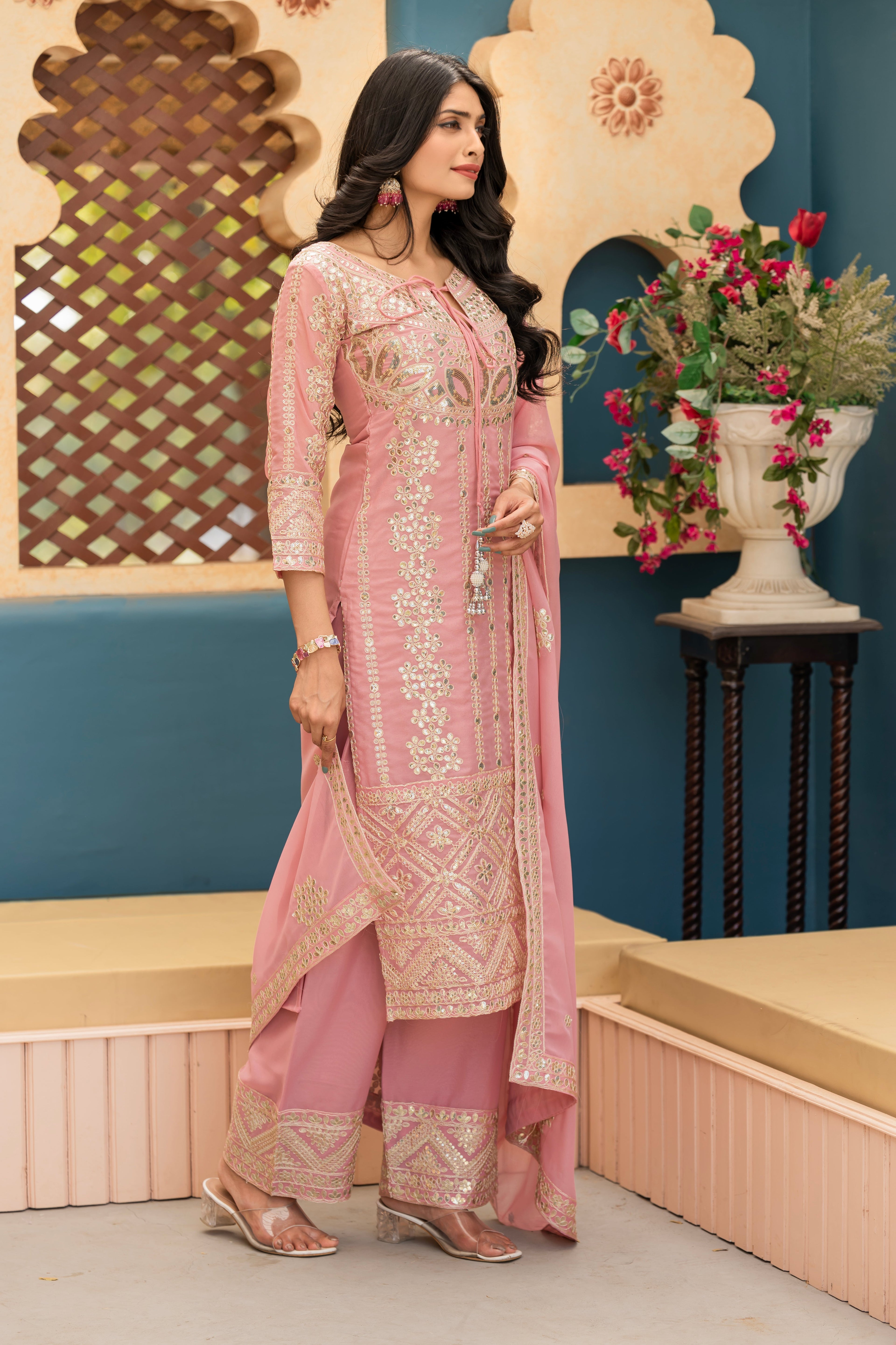 Beautiful Fancy Top Plazzo And Dupatta With Embroidery Work