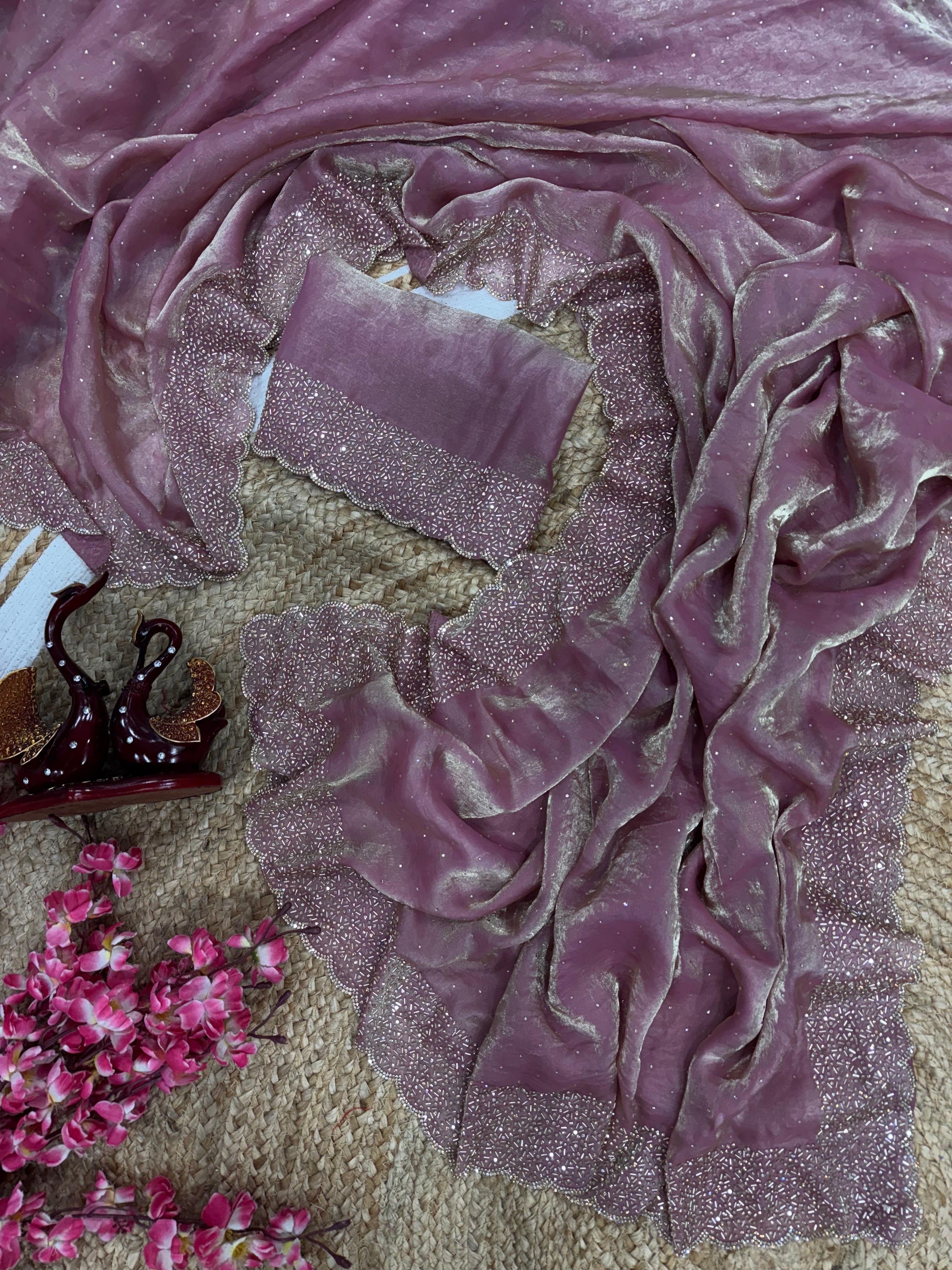 Designer Party Wear Saree With Jarkhan Diamond Work