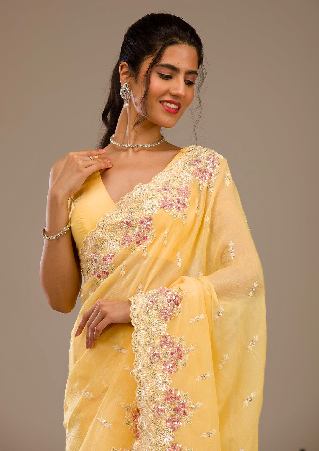 Designer Saree With Embroidery Threads & Sequins Work
