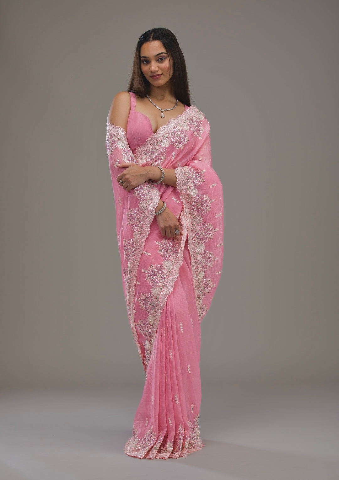 Designer Saree With Embroidery Threads & Sequins Work