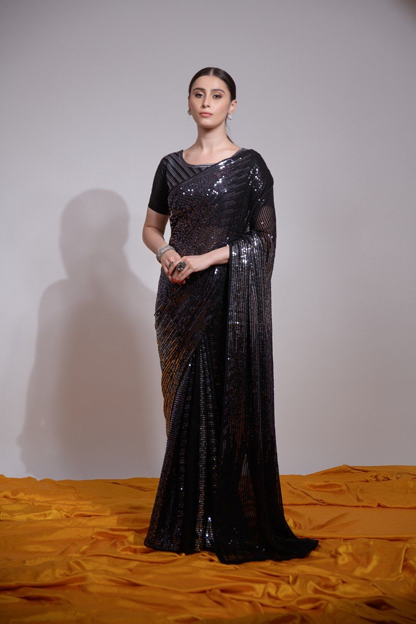 Designer Saree With Multicolored Sequence Embroidery Work