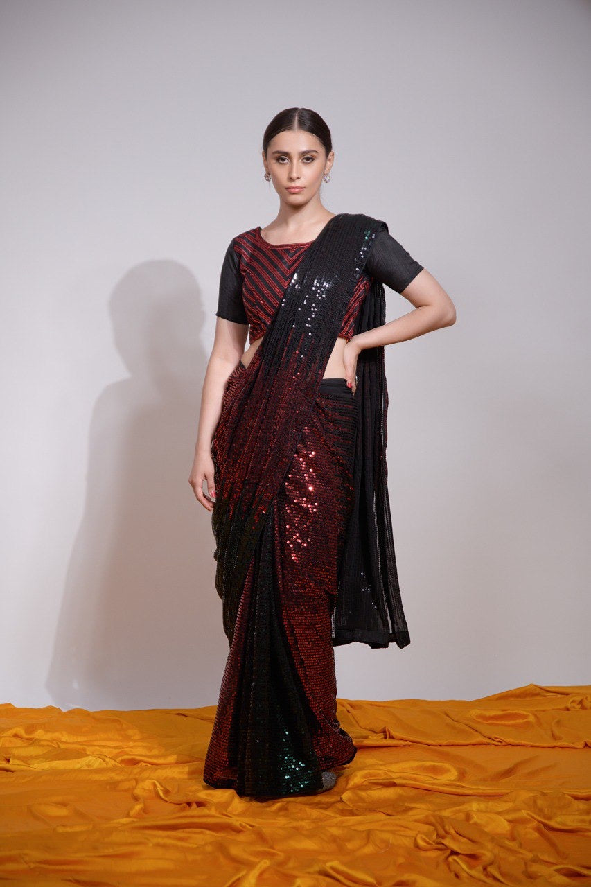 Designer Saree With Multicolored Sequence Embroidery Work