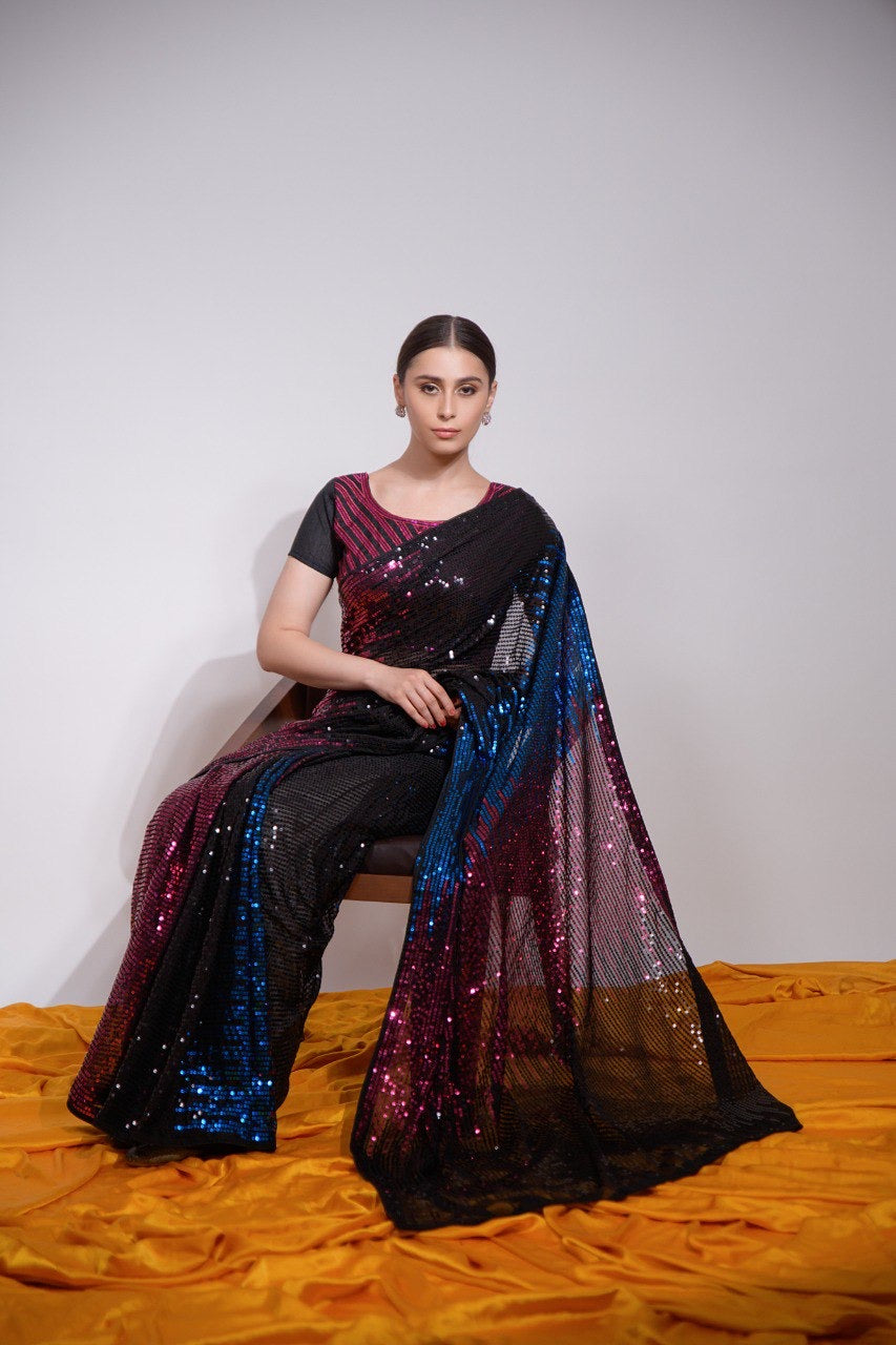 Designer Saree With Multicolored Sequence Embroidery Work