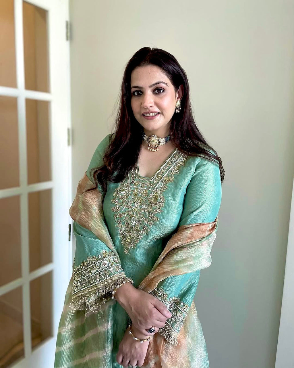 डिज़ाइनर पार्टी वियर लुक टॉप प्लाज़ो और दुपट्टा सेट