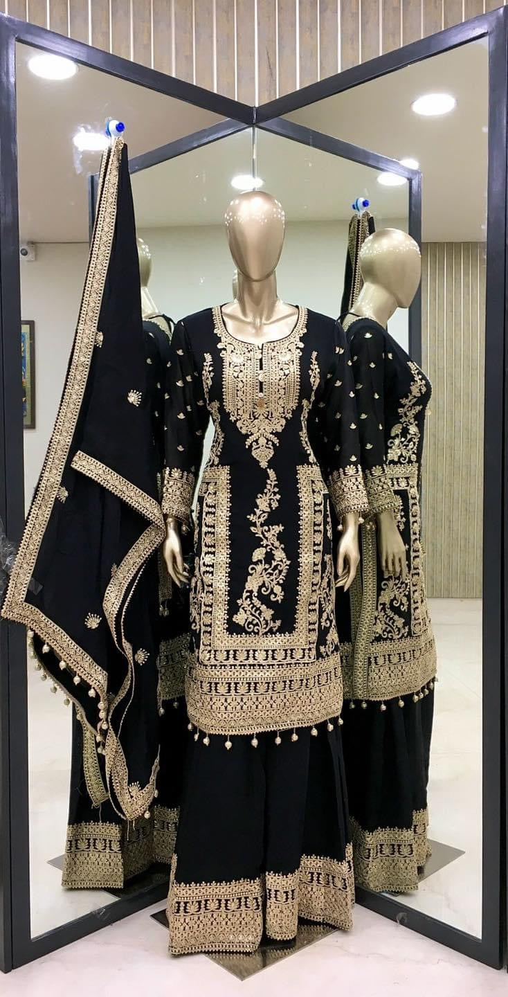 Party Wear Look Pure Silk Top Plazzo & Dupatta Set