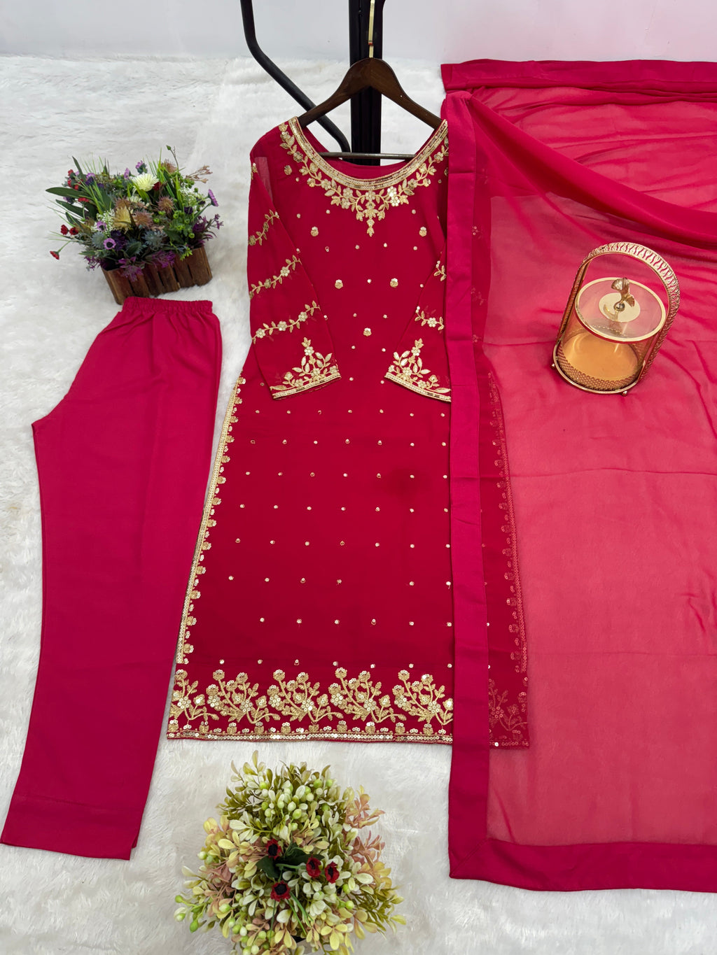 Beautiful Top-Bottom And Dupatta With Embroidery And Sequins Work