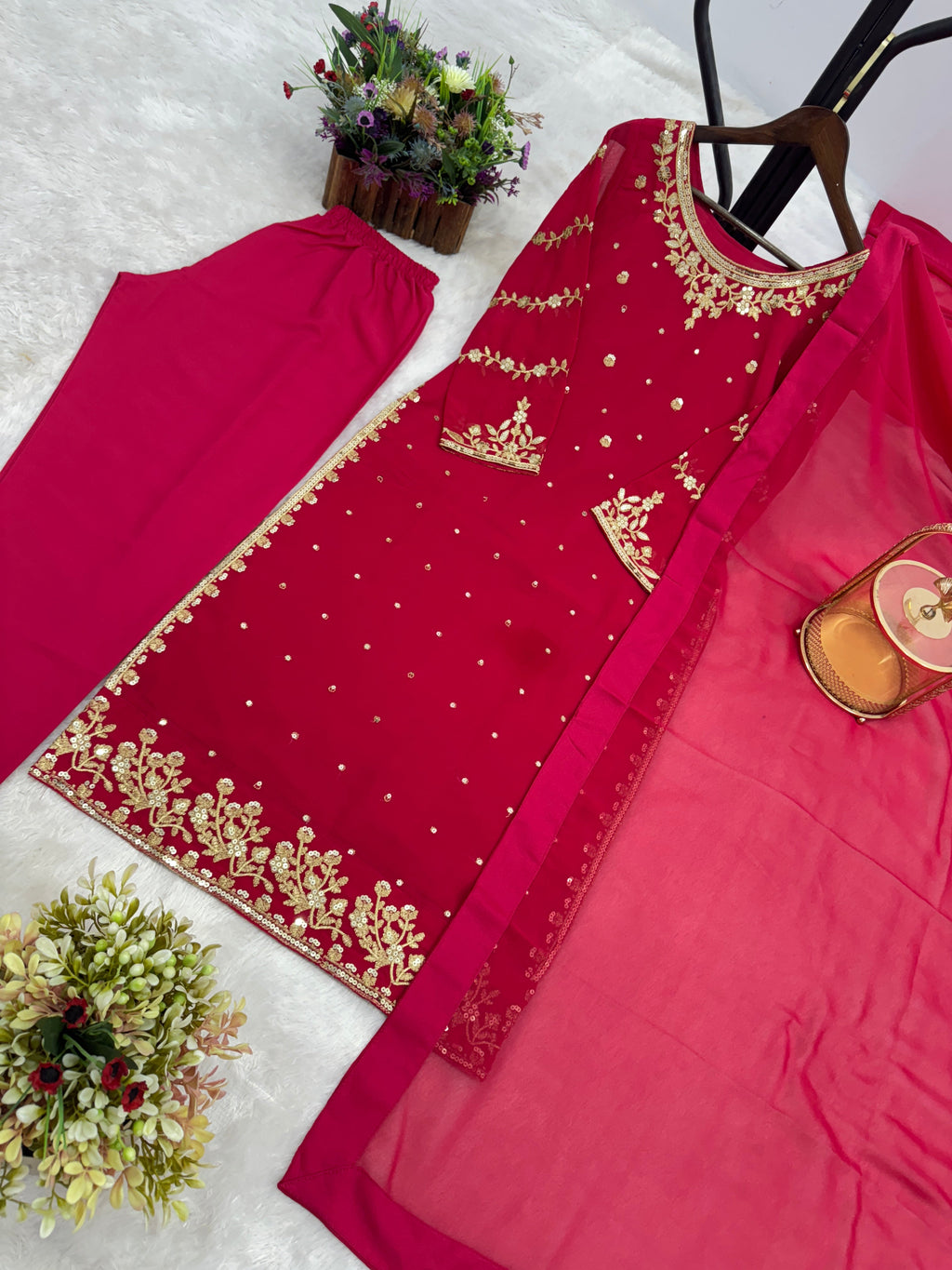 Beautiful Top-Bottom And Dupatta With Embroidery And Sequins Work