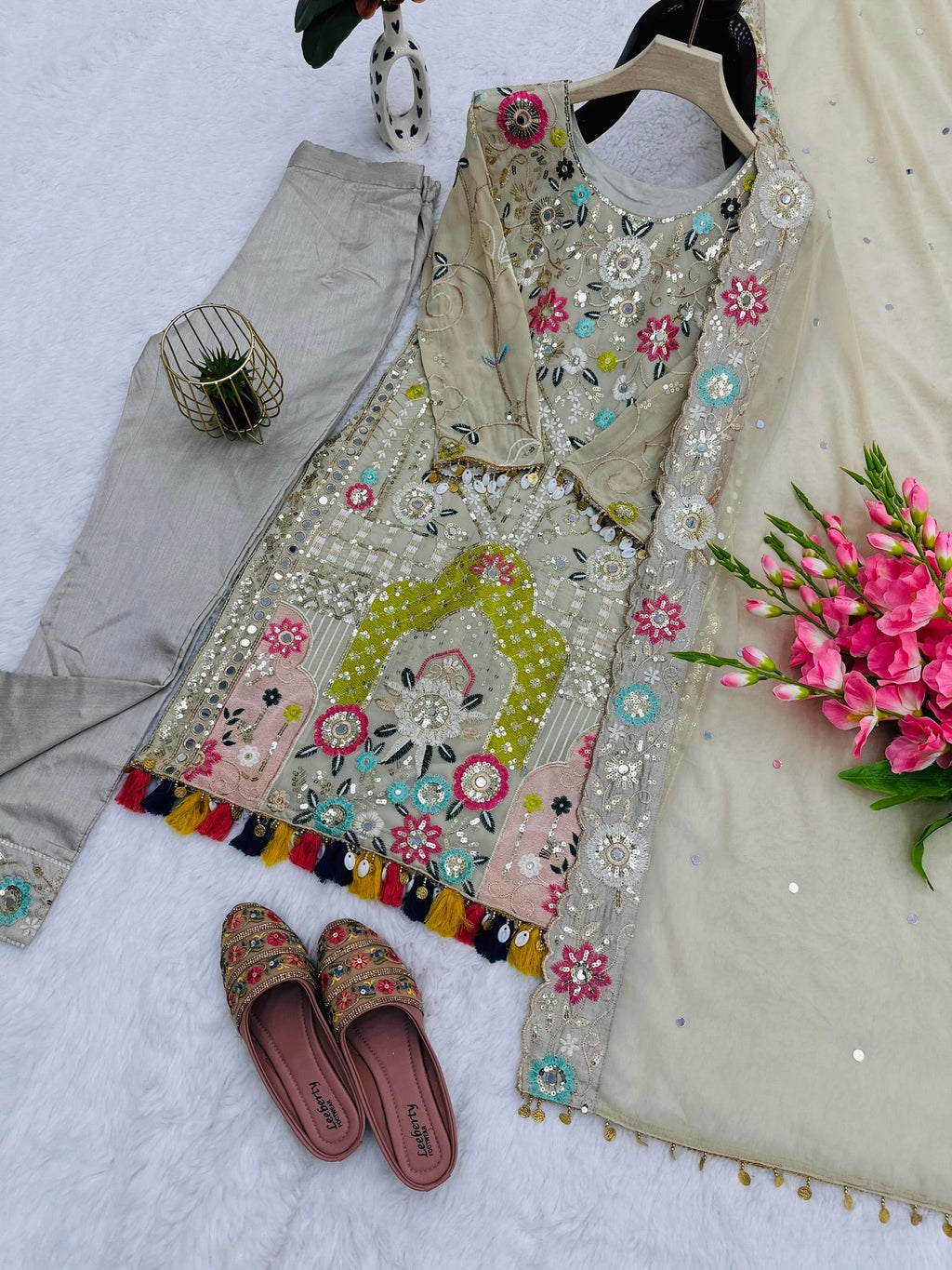 असली शीशे और हाथ के काम वाला डिज़ाइनर पार्टी वियर सूट सेट