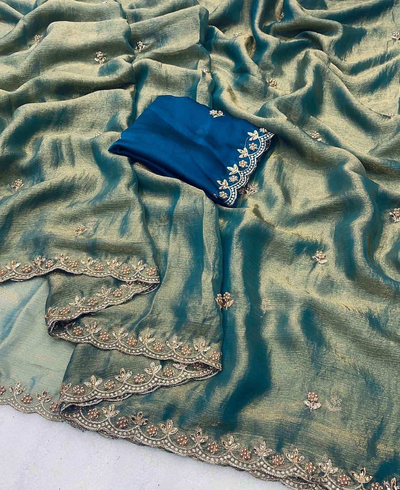 Party Wear Saree With Embroidery Work & Moti Pearls Hand Work