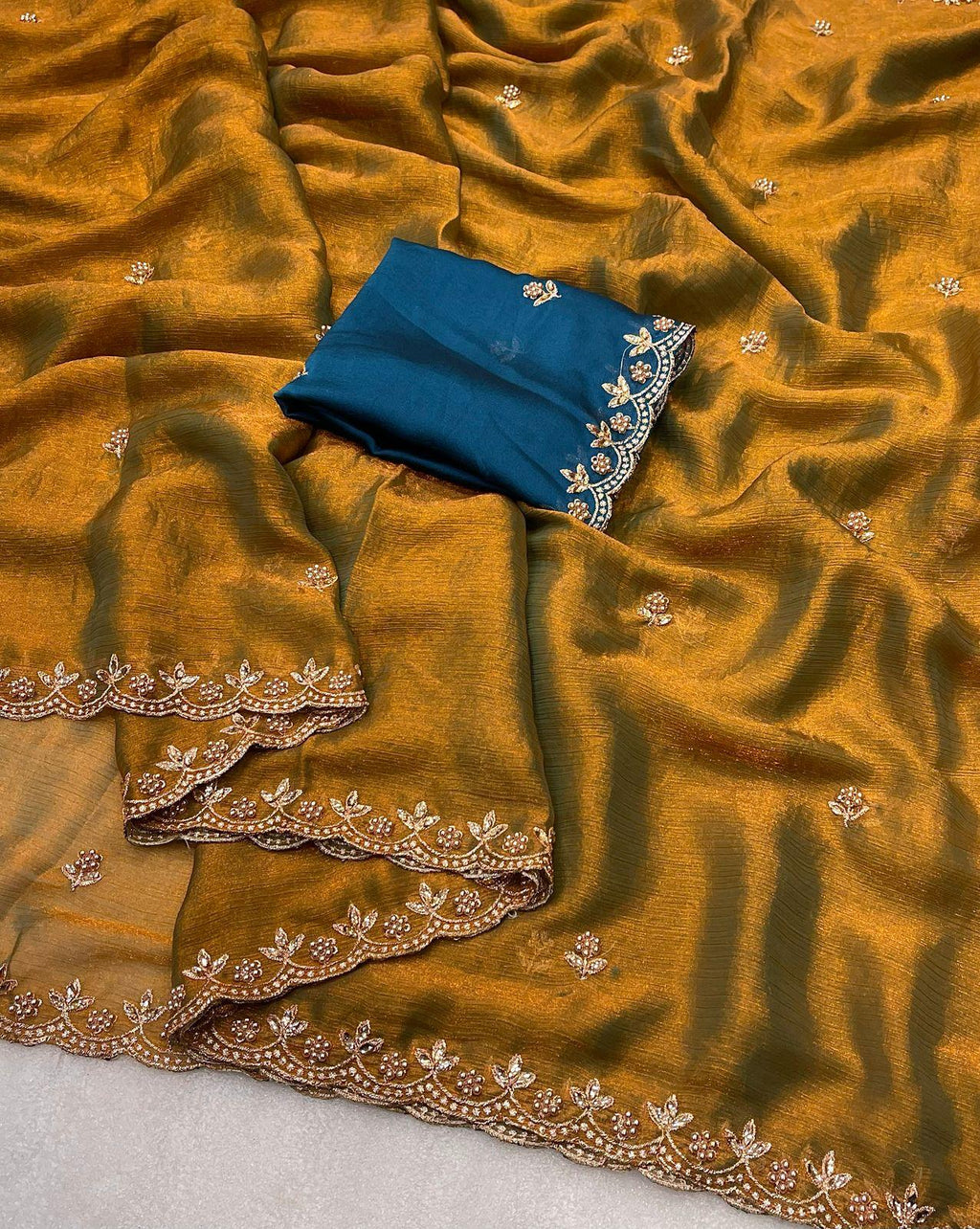 Party Wear Saree With Embroidery Work & Moti Pearls Hand Work