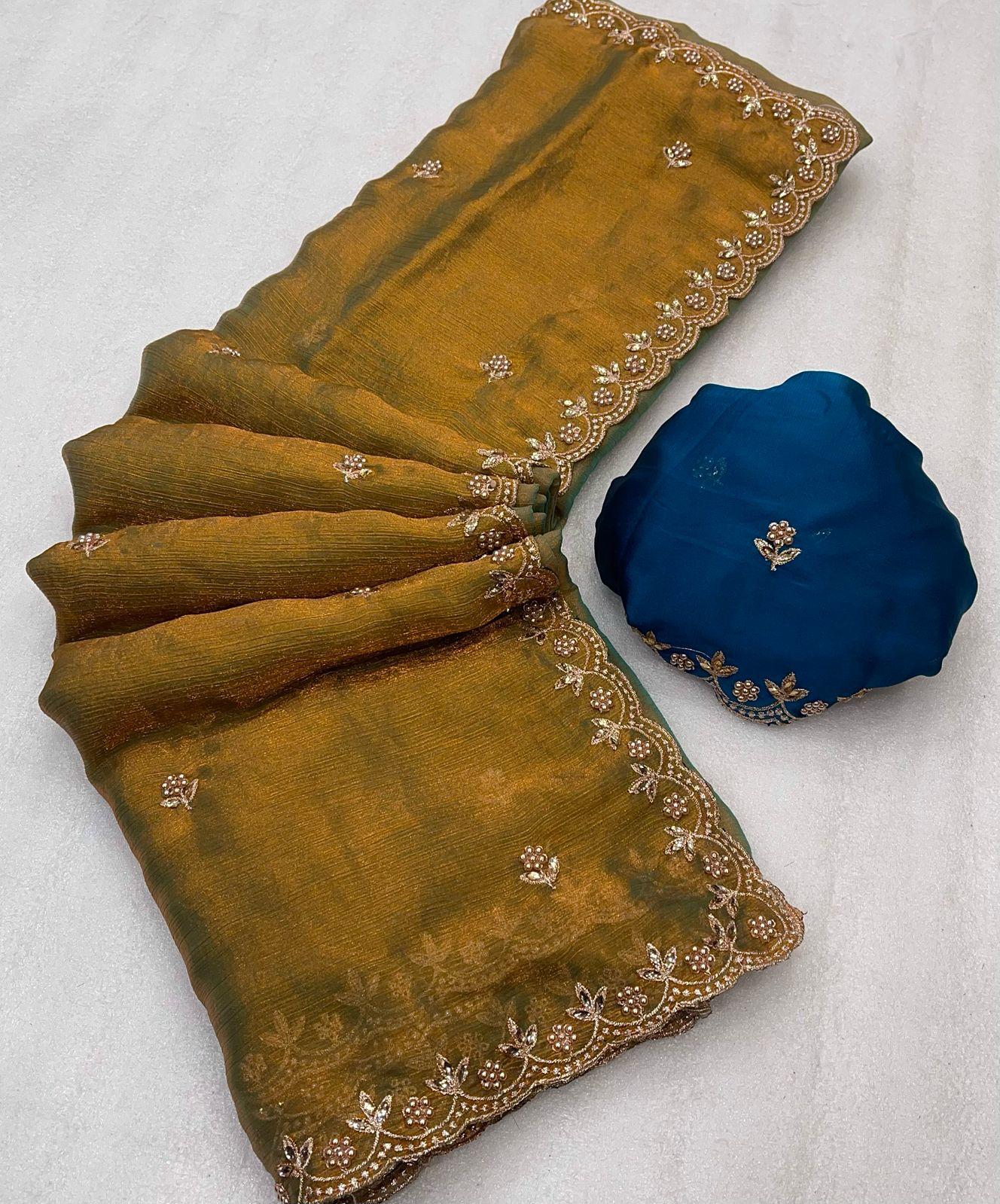 Party Wear Saree With Embroidery Work & Moti Pearls Hand Work