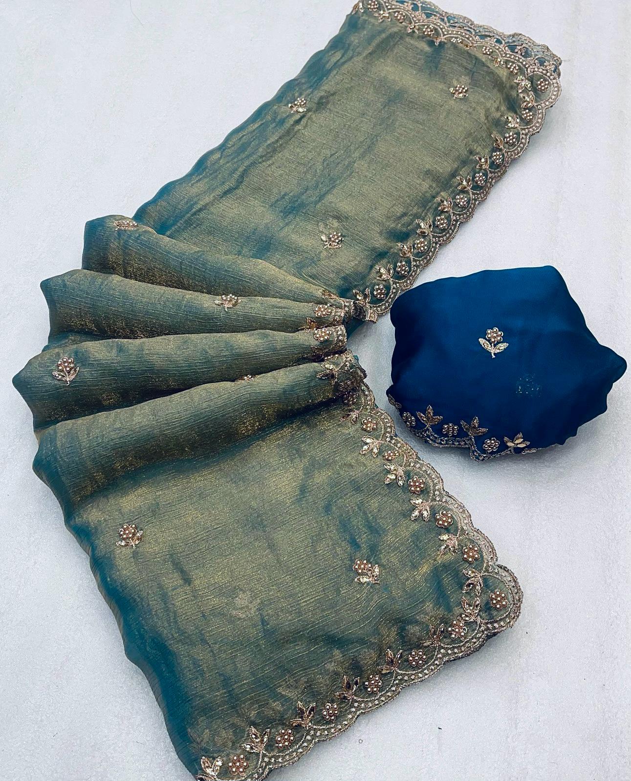 Party Wear Saree With Embroidery Work & Moti Pearls Hand Work