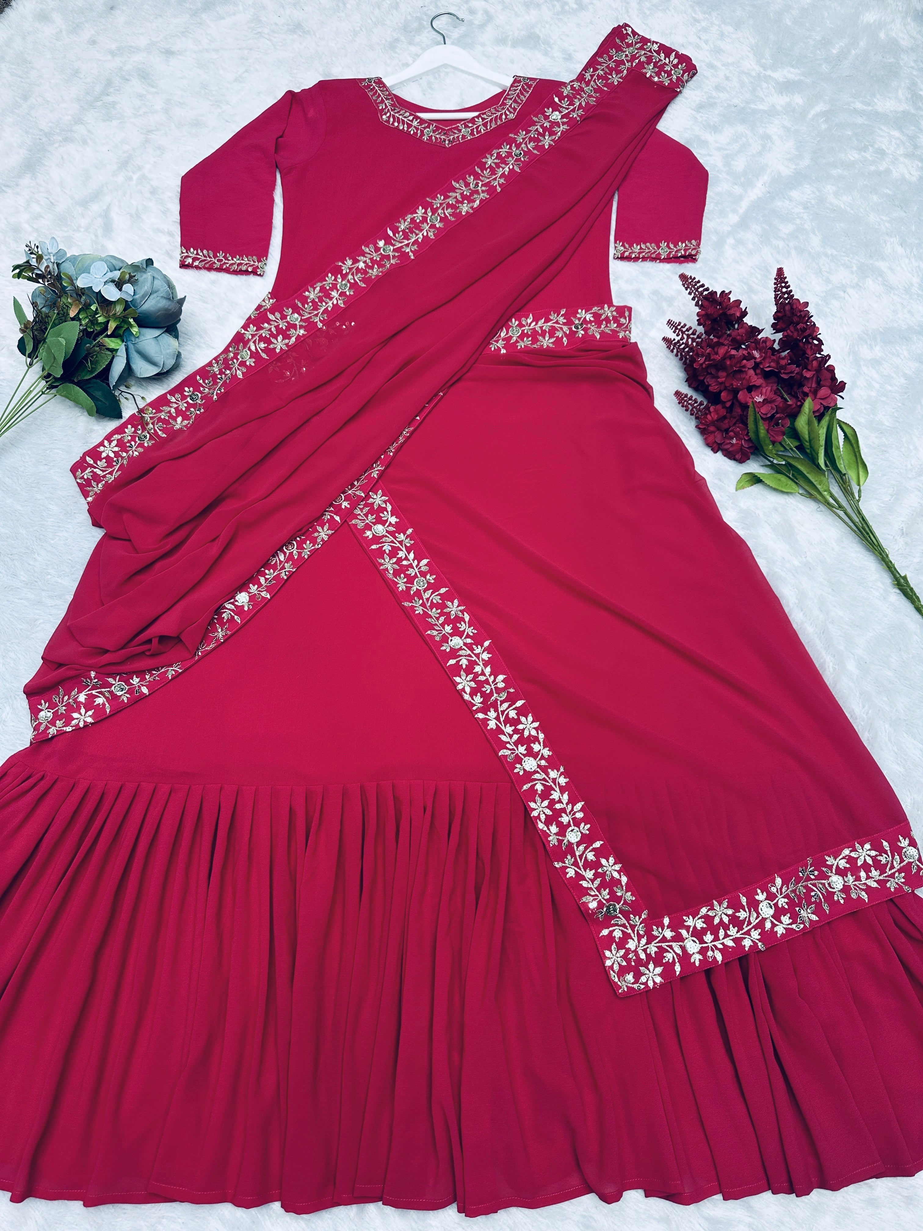 Party Wear Designer Gown With Saree With Ruffle Work