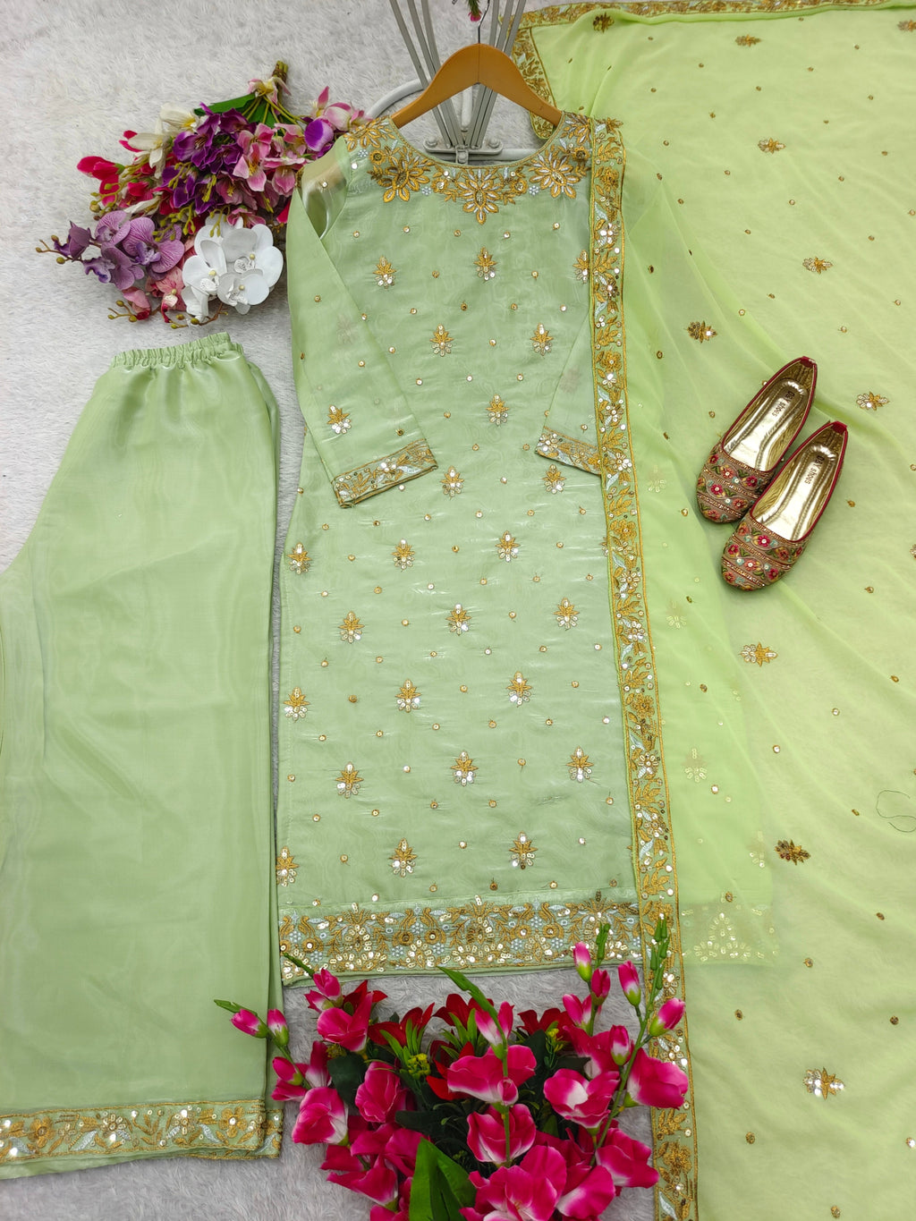Beautiful Party Wear Top-Plazzo And Dupatta With Embroidery Sequence Work