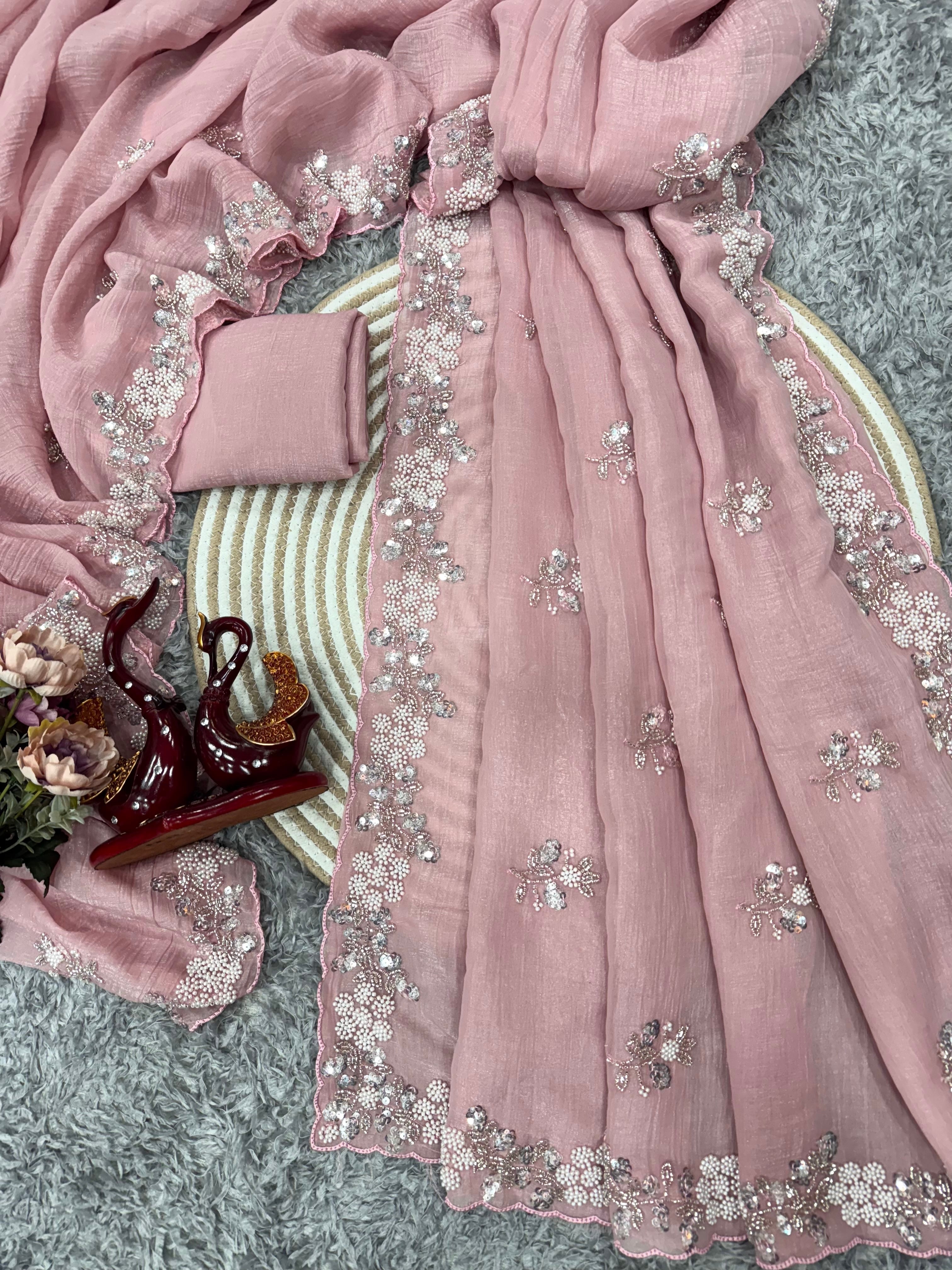 Designer Party Wear Look Saree With Pearls Work
