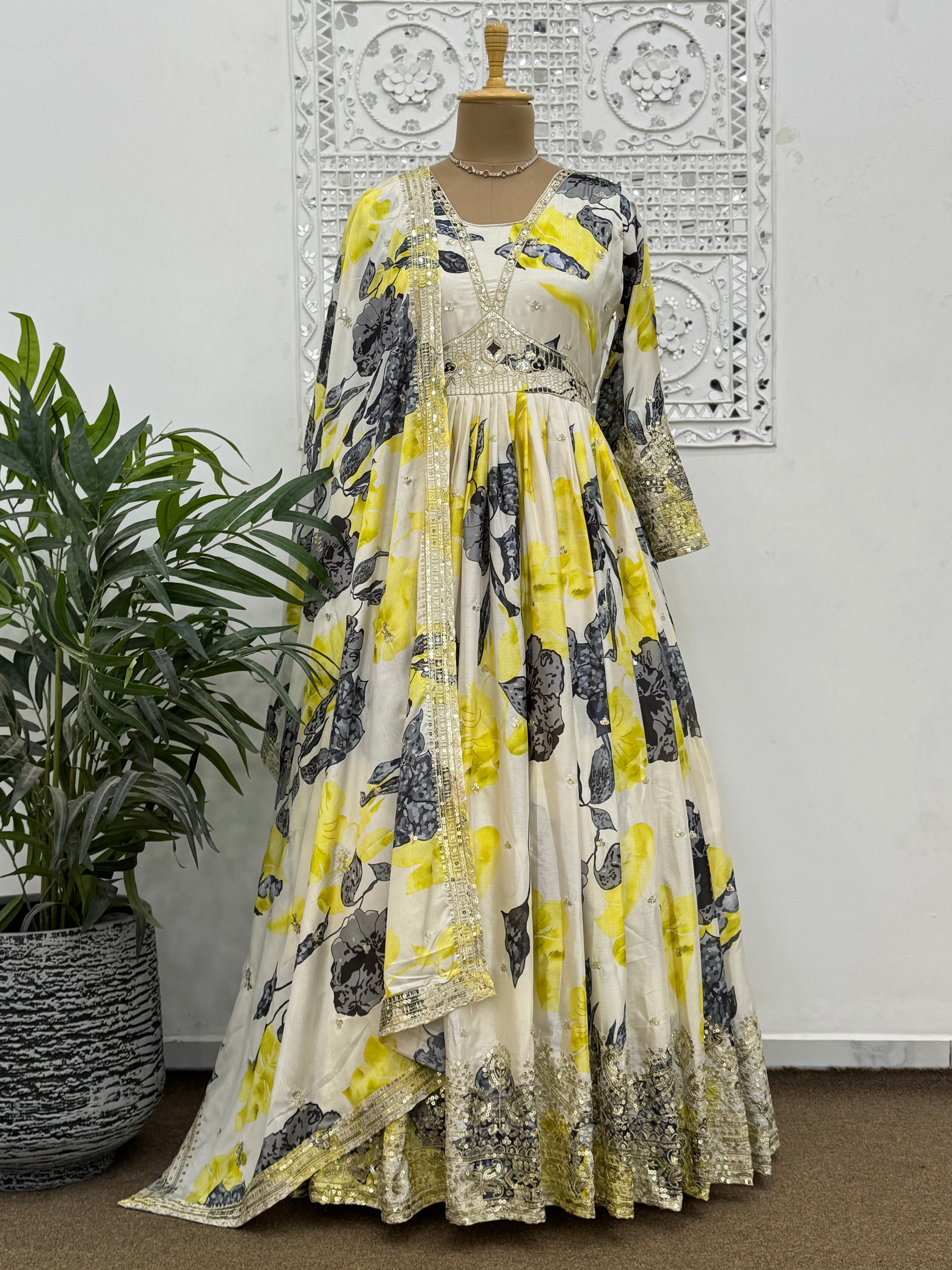 Designer Anarkali Gown With Dupatta With Fancy Digital Print