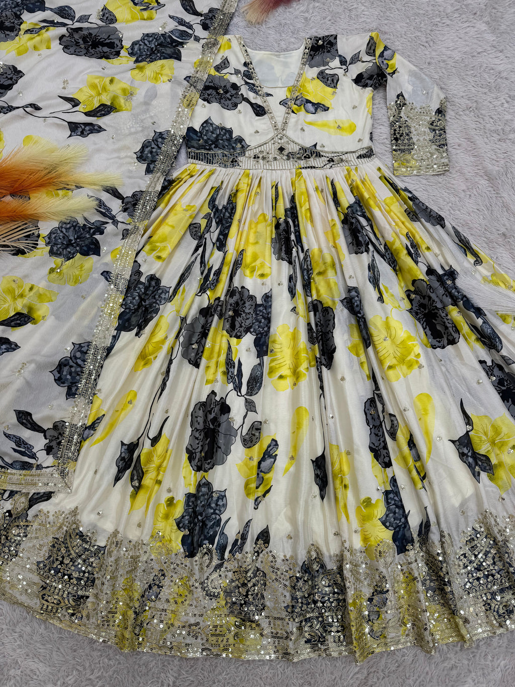 Designer Anarkali Gown With Dupatta With Fancy Digital Print