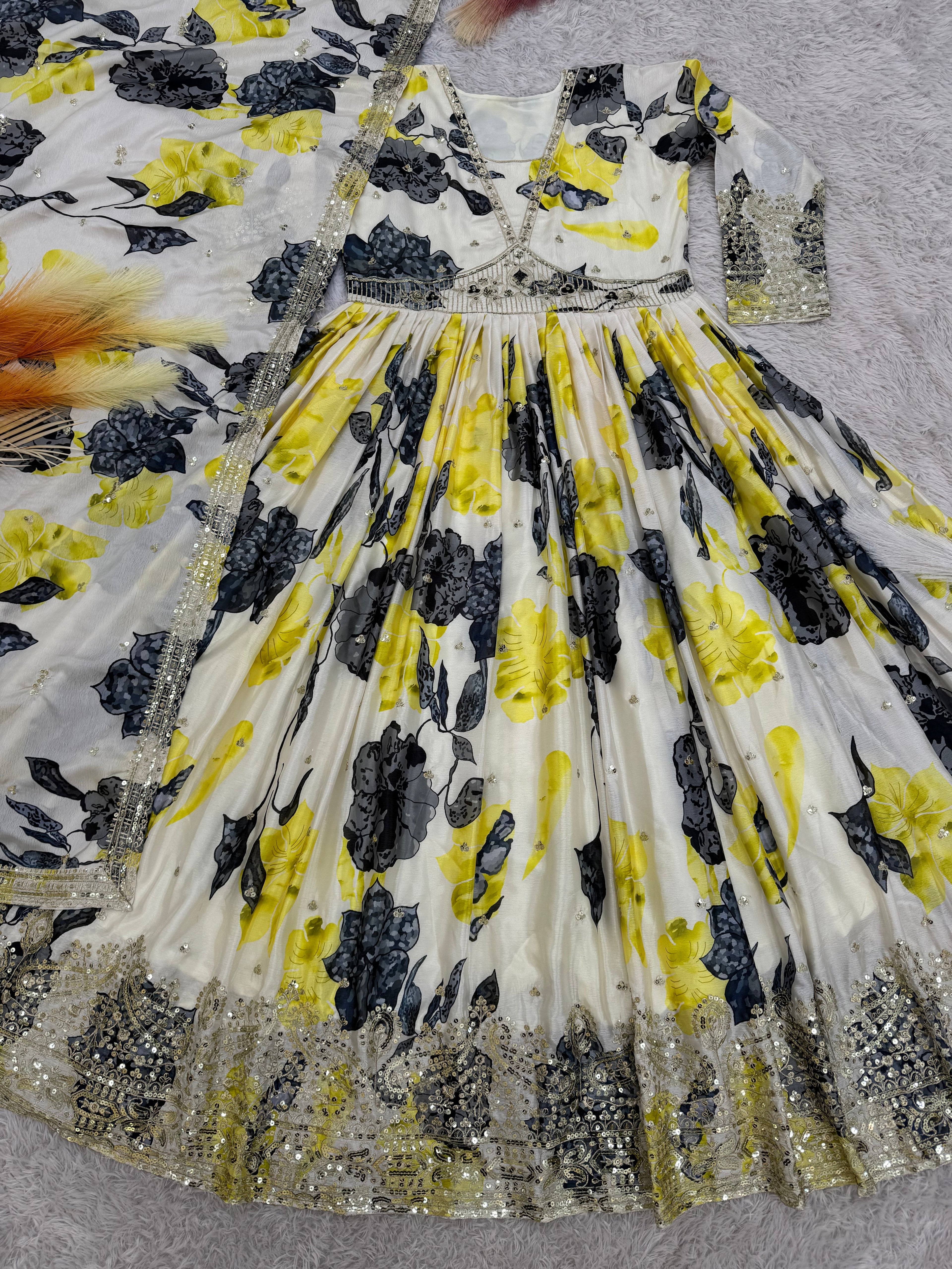 Designer Anarkali Gown With Dupatta With Fancy Digital Print