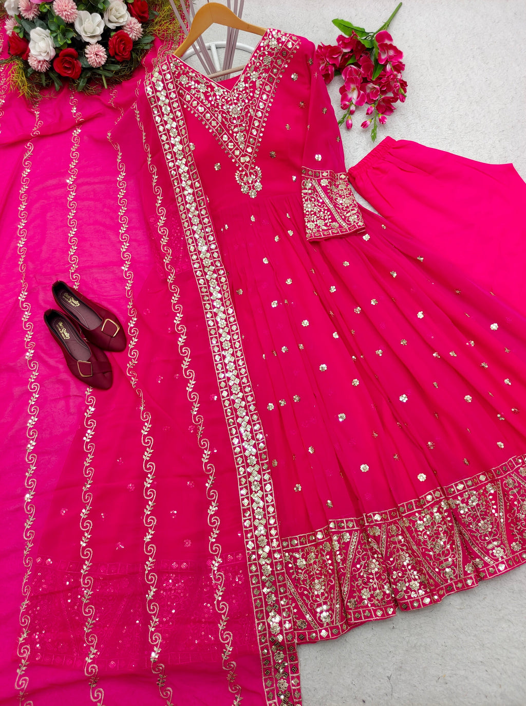Designer Gown With Pent And Dupatta With Sequence Work
