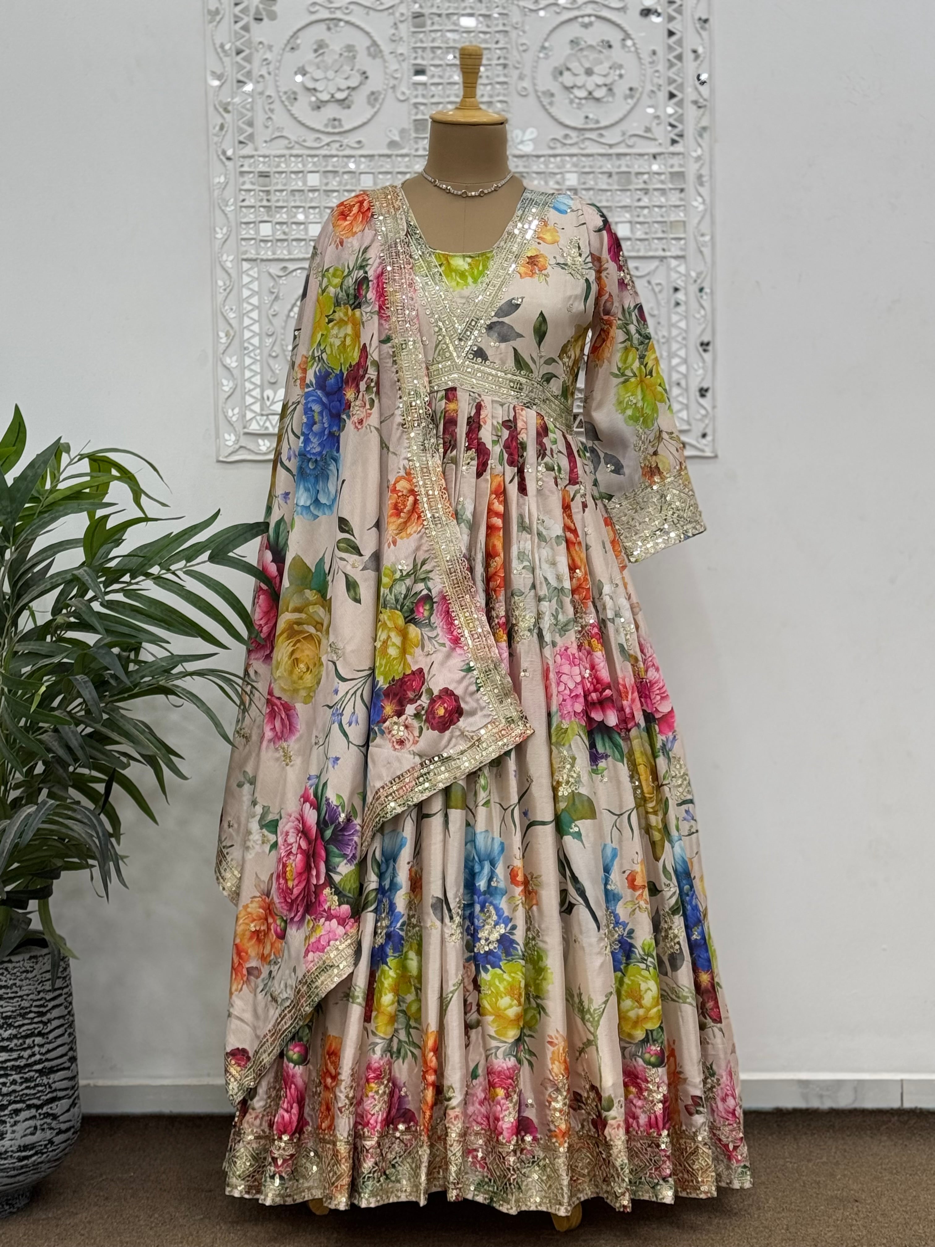 Designer Anarkali Gown With Dupatta With Fancy Digital Print