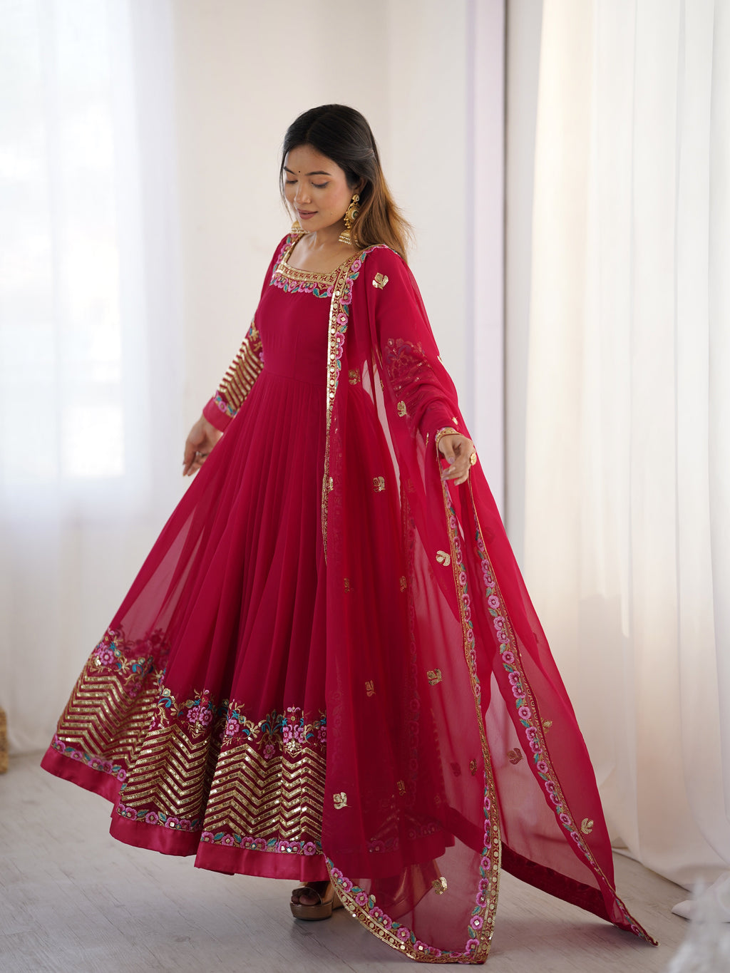 Designer Gown With Multi Thread Embroidery Sequence Work