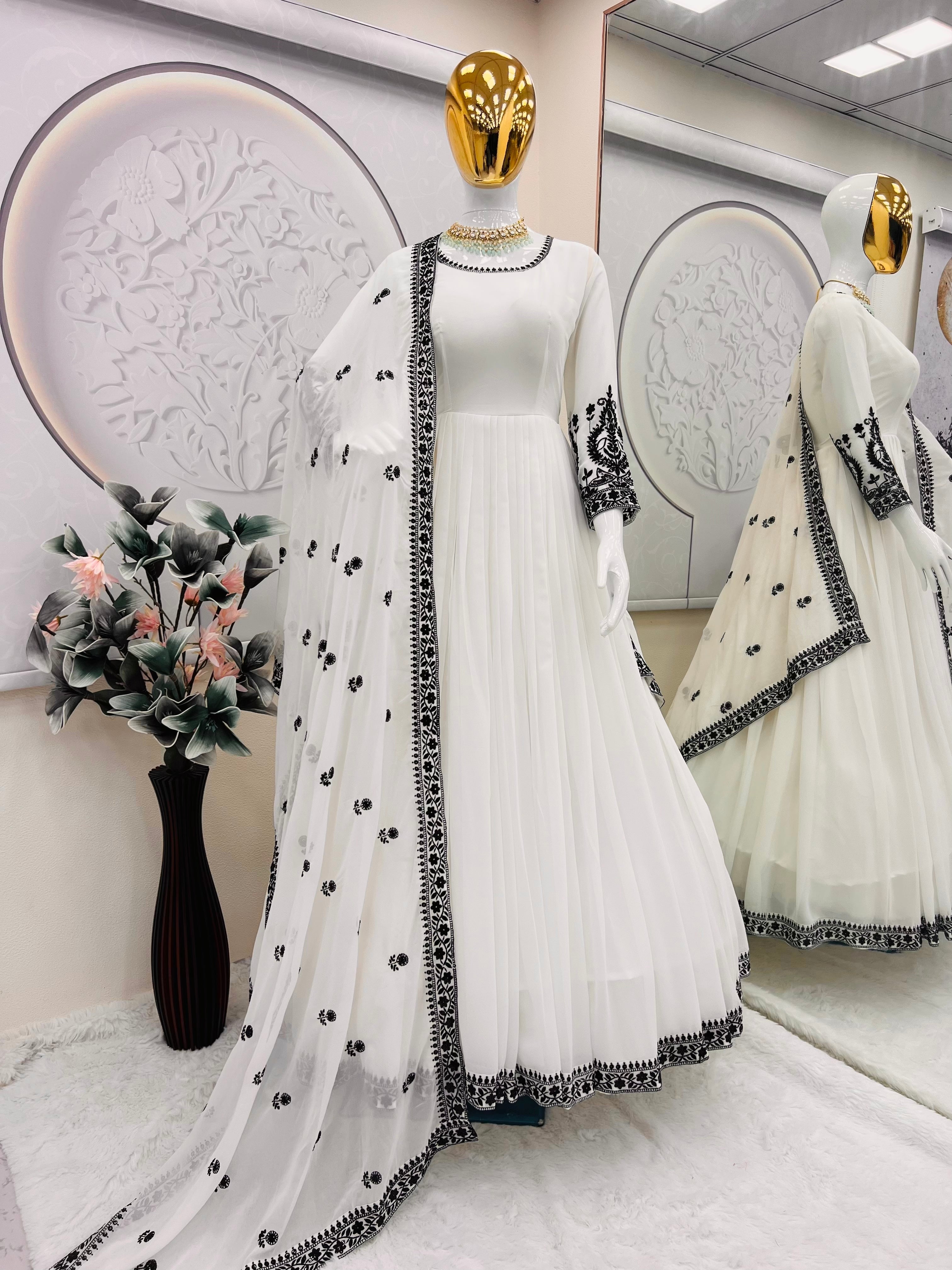 Designer Party Wear Gown With Embroidery Thread & Sequins Work