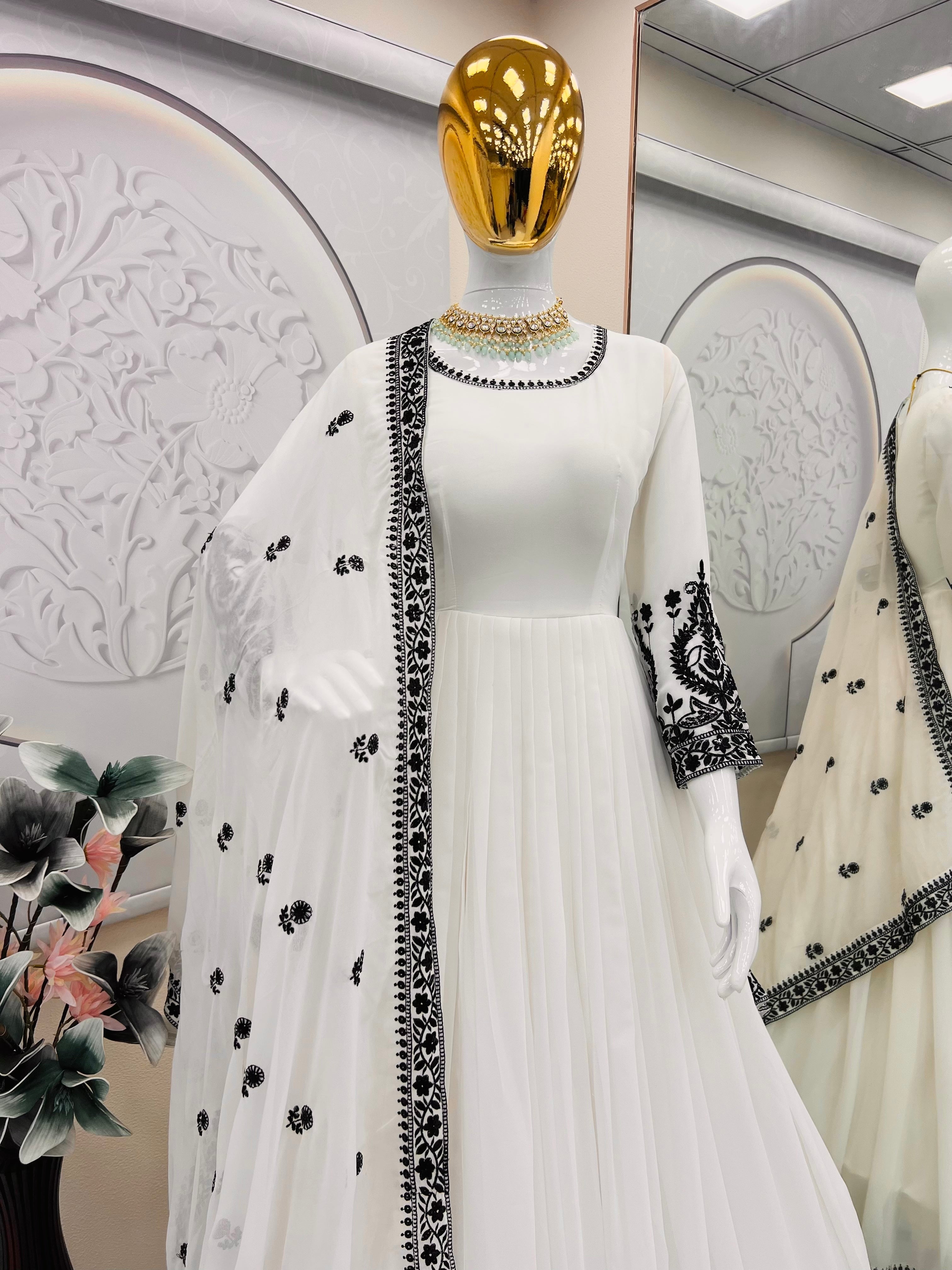 Designer Party Wear Gown With Embroidery Thread & Sequins Work