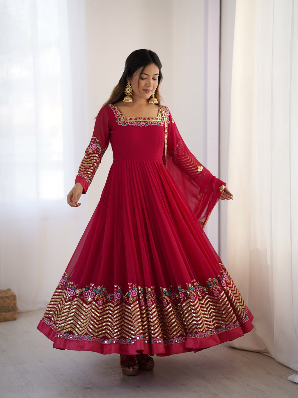 Designer Gown With Multi Thread Embroidery Sequence Work