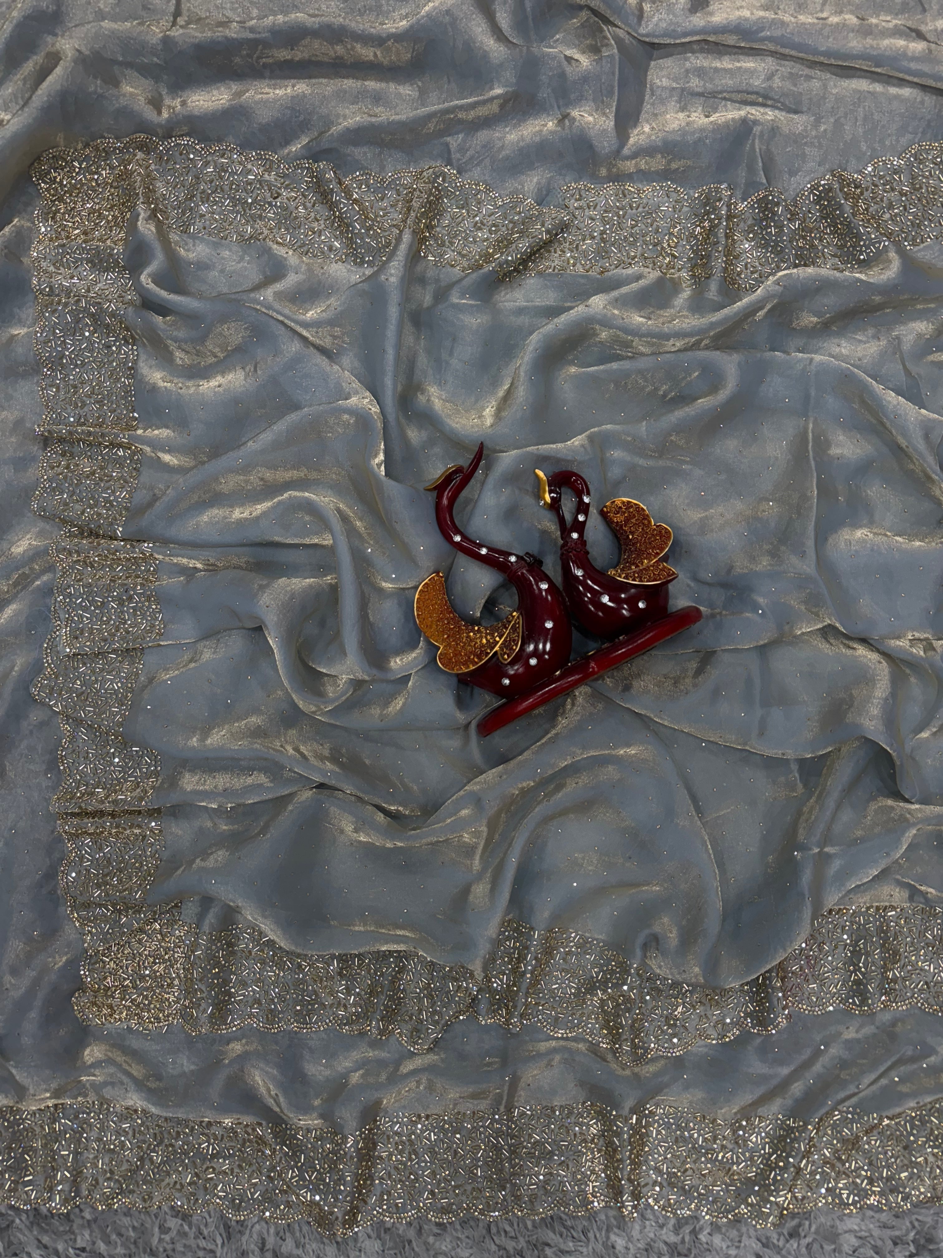 Designer Saree With Beautiful Jarkhan Diamond Work