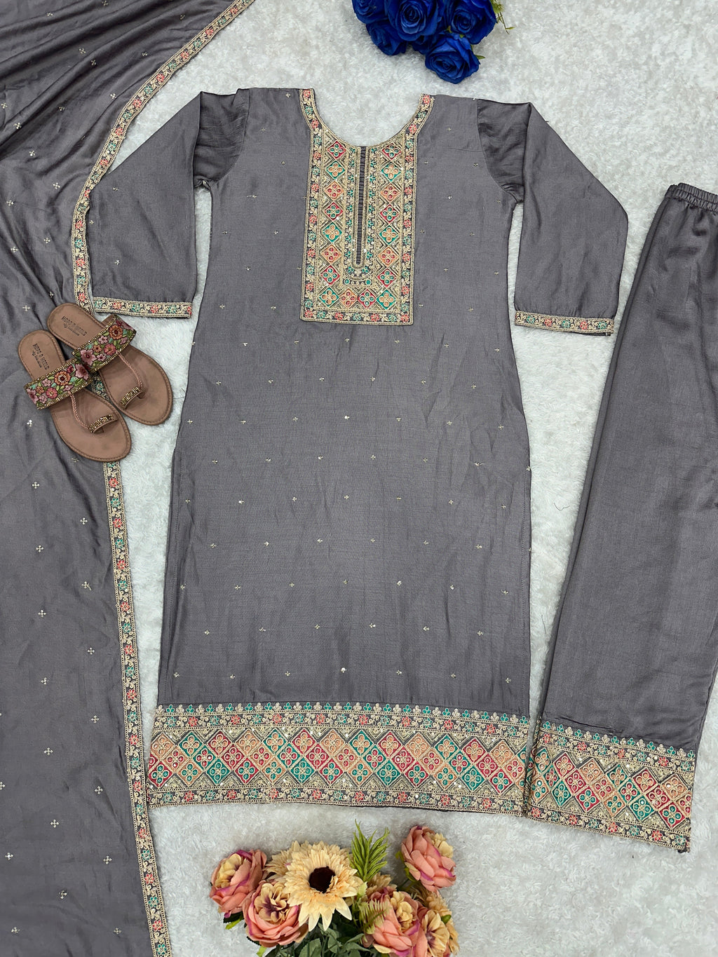 Beautiful Party Wear Top Plazzo And Dupatta With Embroidery Work