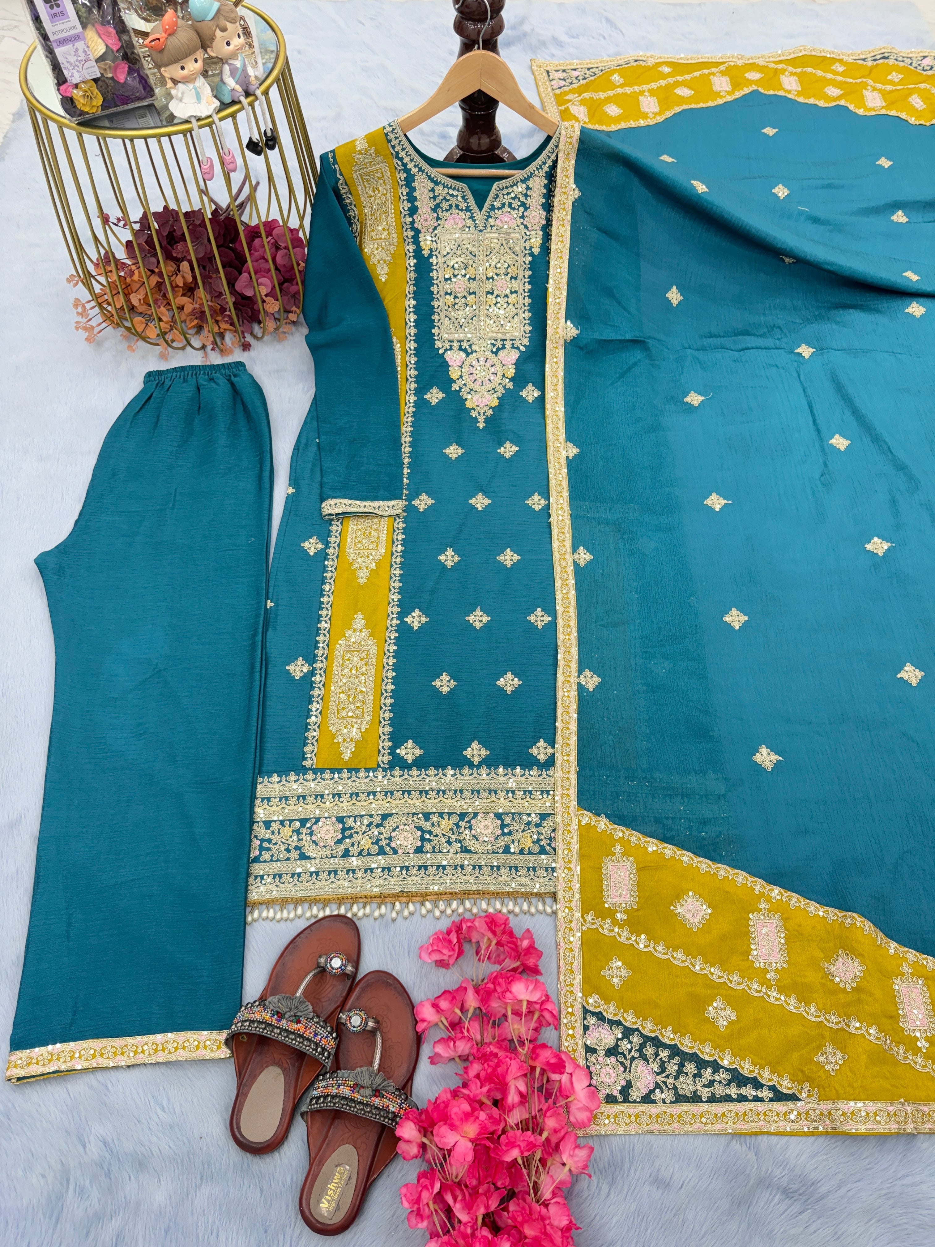 Designer Party Wear Look Silk Top Plazzo & Dupatta Set