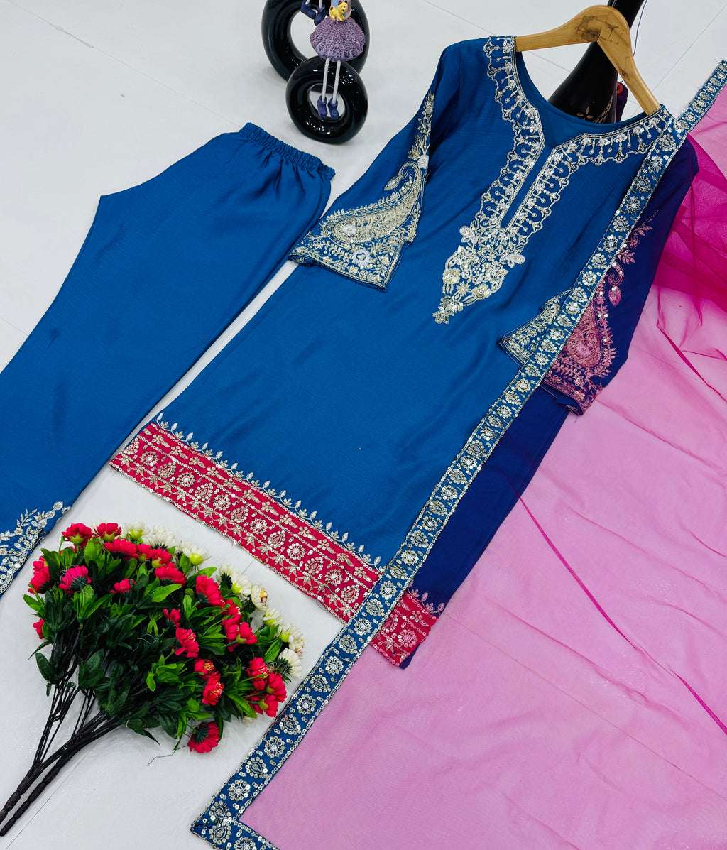 कढ़ाई के काम के साथ डिज़ाइनर पार्टी वियर टॉप प्लाज़ो और दुपट्टा 