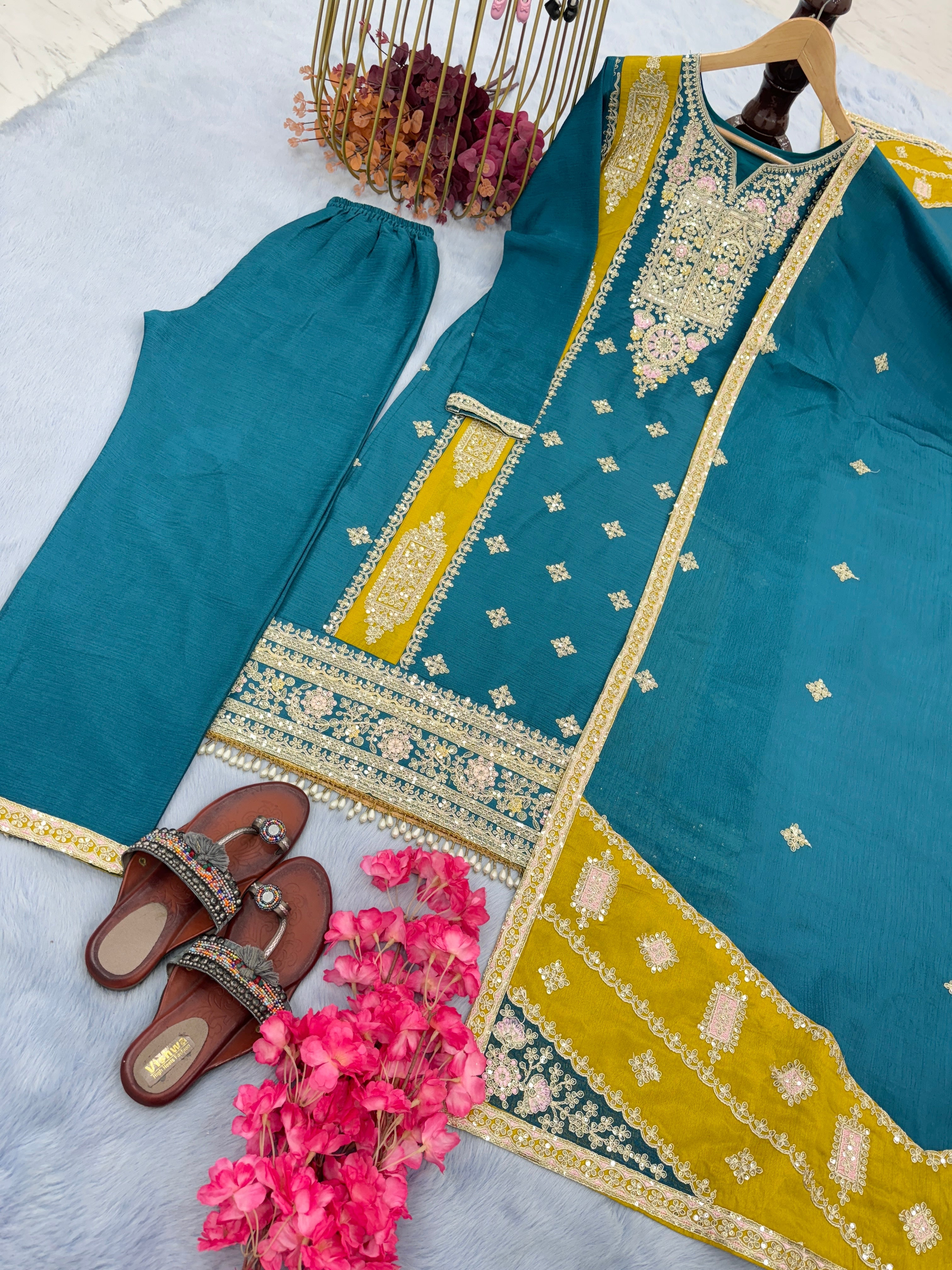 Designer Party Wear Look Silk Top Plazzo & Dupatta Set