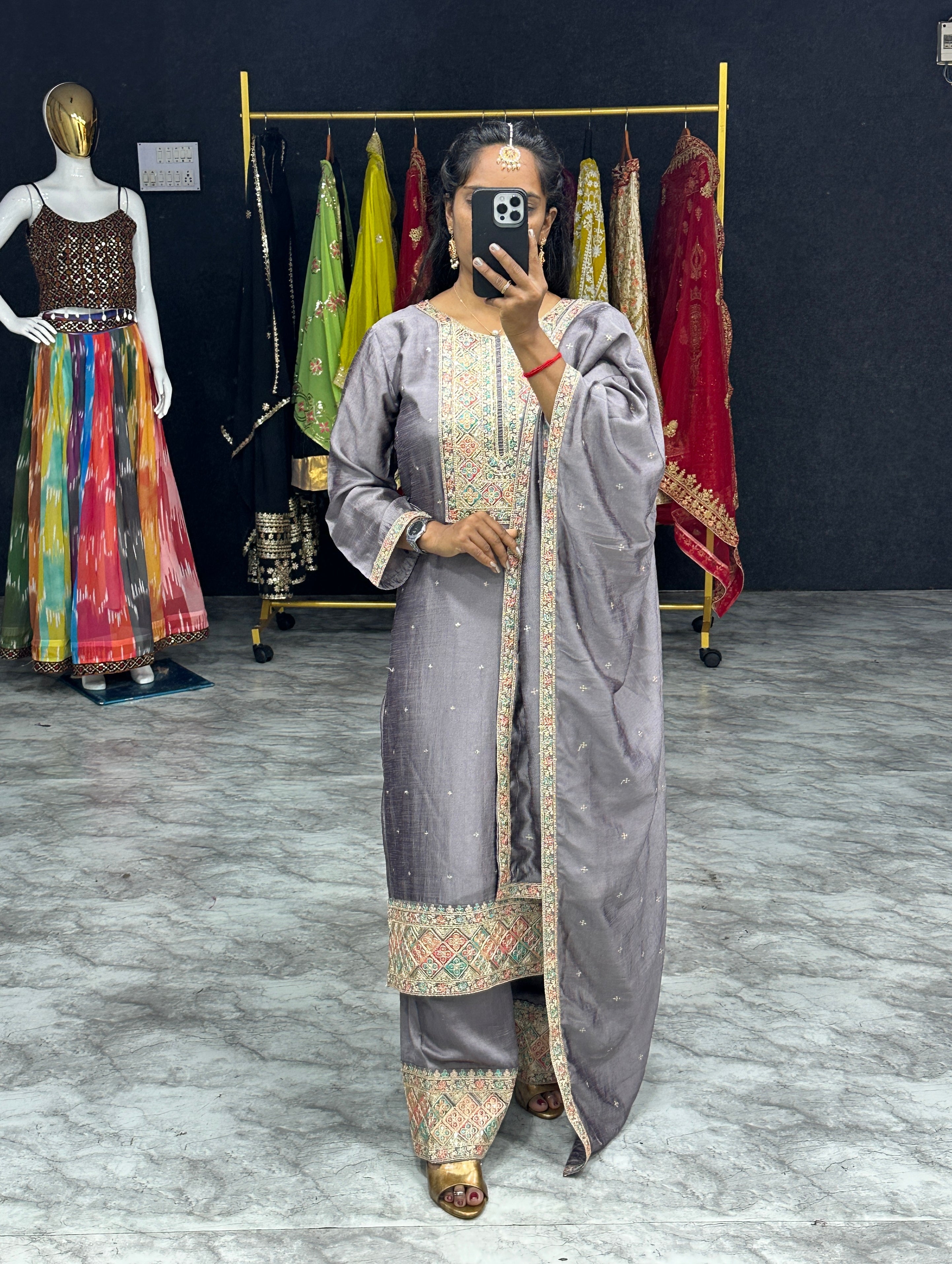 Beautiful Party Wear Top Plazzo And Dupatta With Embroidery Work