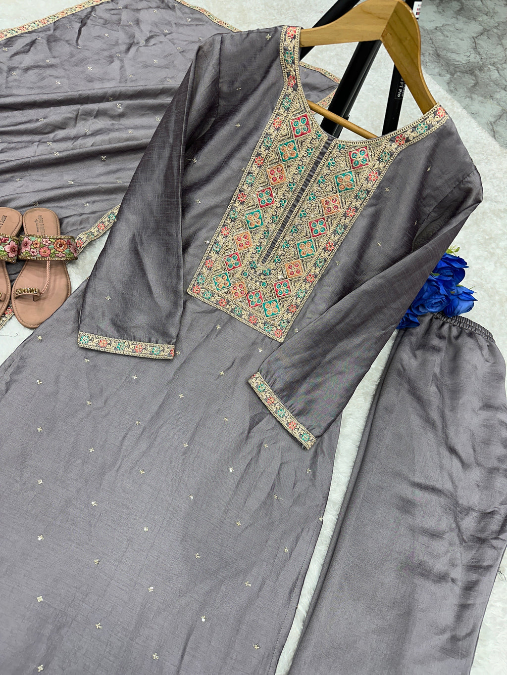 Beautiful Party Wear Top Plazzo And Dupatta With Embroidery Work