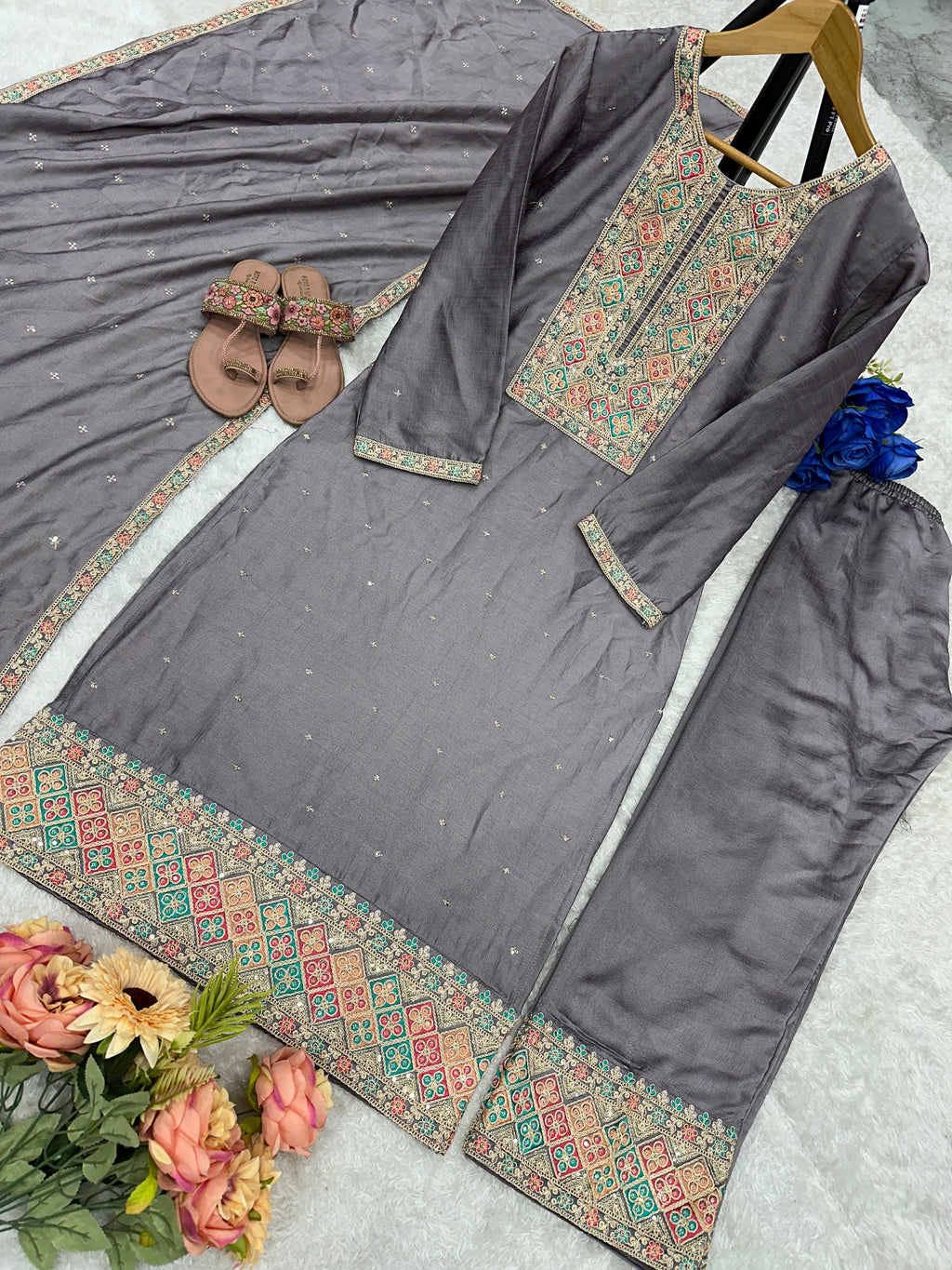 Beautiful Party Wear Top Plazzo And Dupatta With Embroidery Work