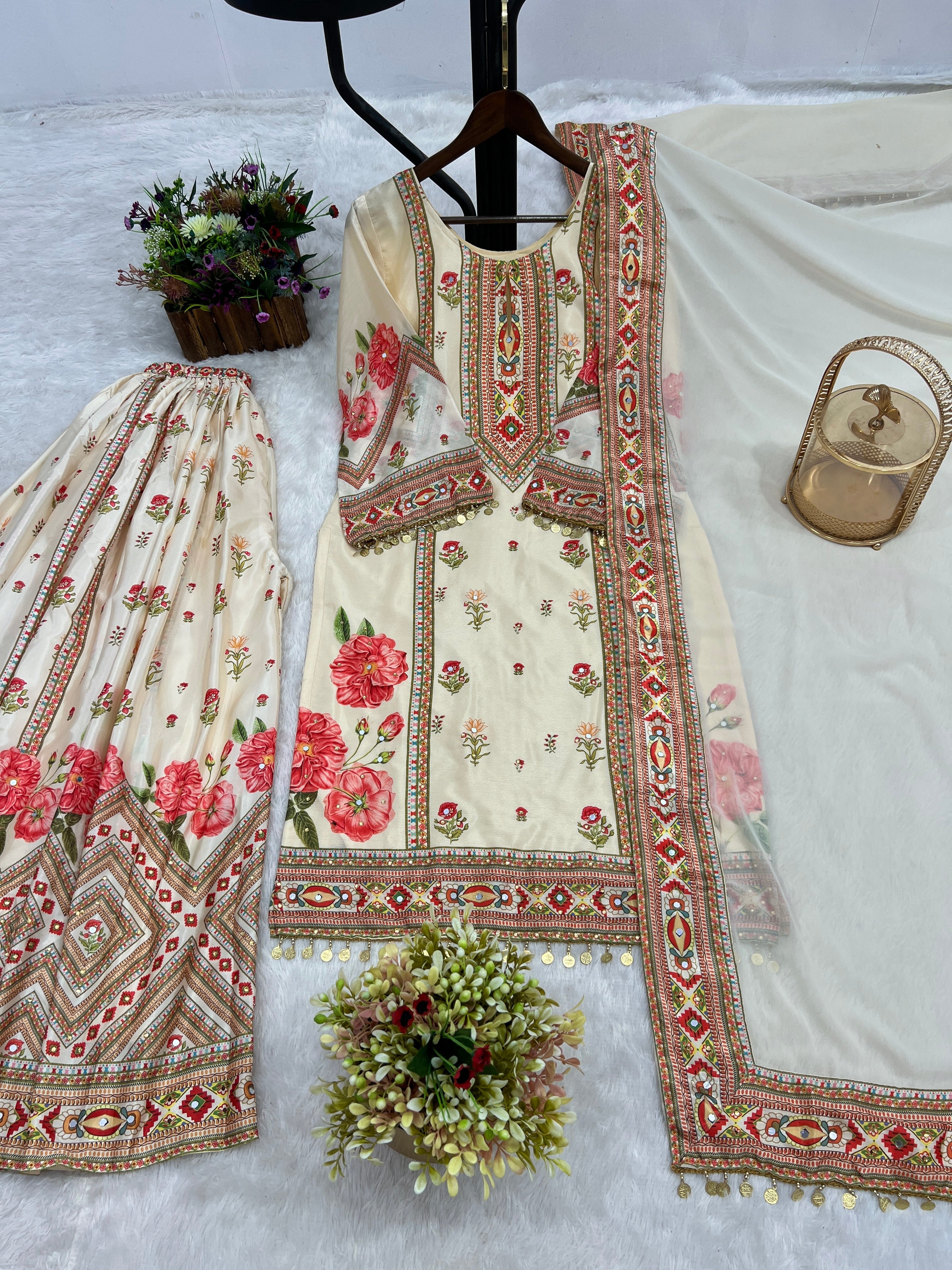 टॉप-शरारा और दुपट्टा, लटकन लेस के साथ डिजिटल प्रिंट के साथ