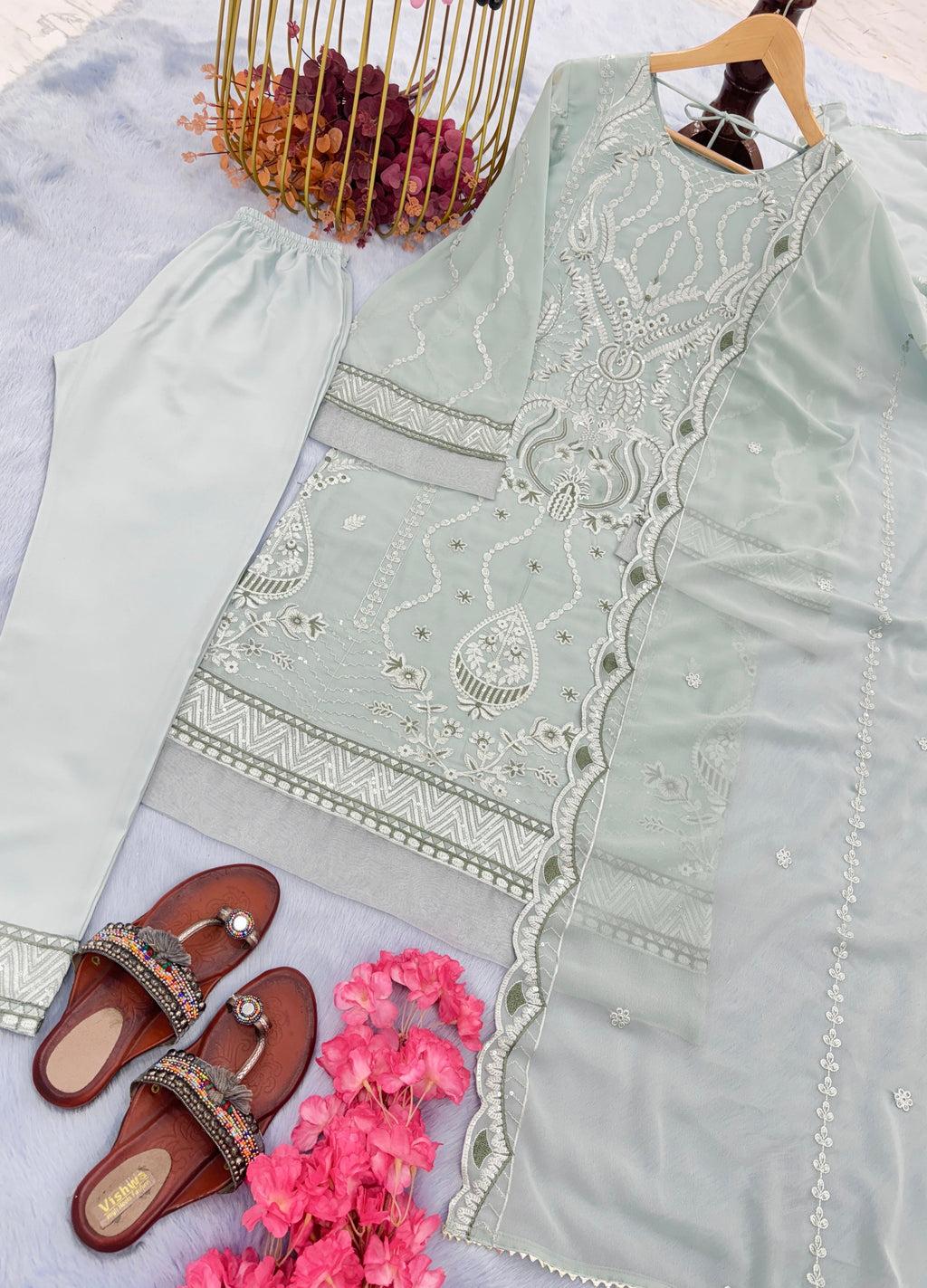Party Wear Look Heavy Faux Georgette Top Bottom & Dupatta Set