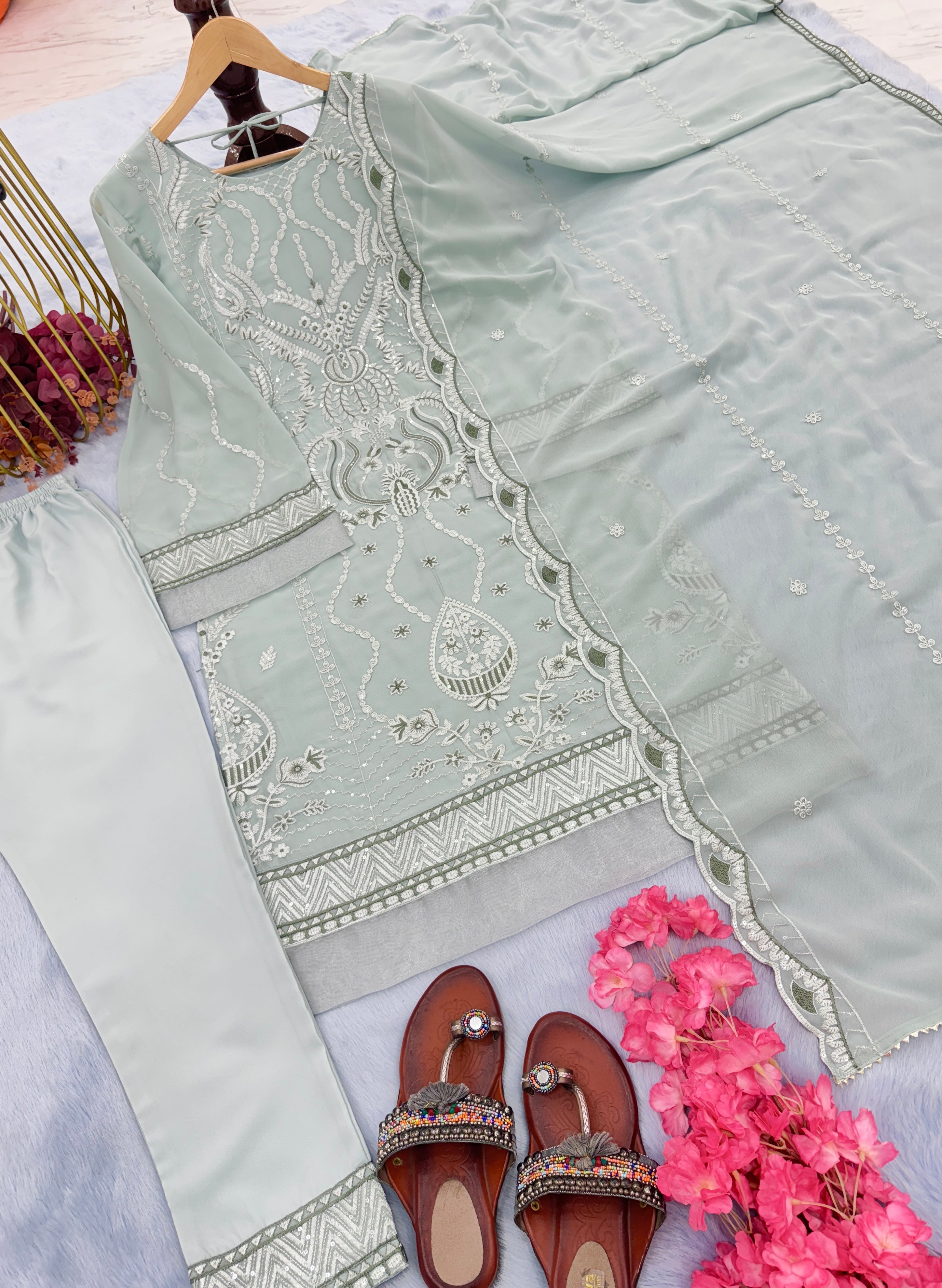 Party Wear Look Heavy Faux Georgette Top Bottom & Dupatta Set
