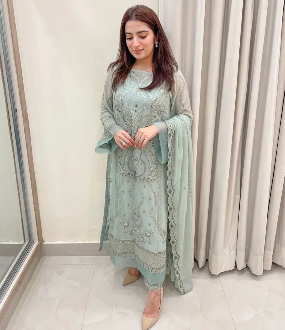 पार्टी वियर लुक हैवी फॉक्स जॉर्जेट टॉप बॉटम और दुपट्टा सेट