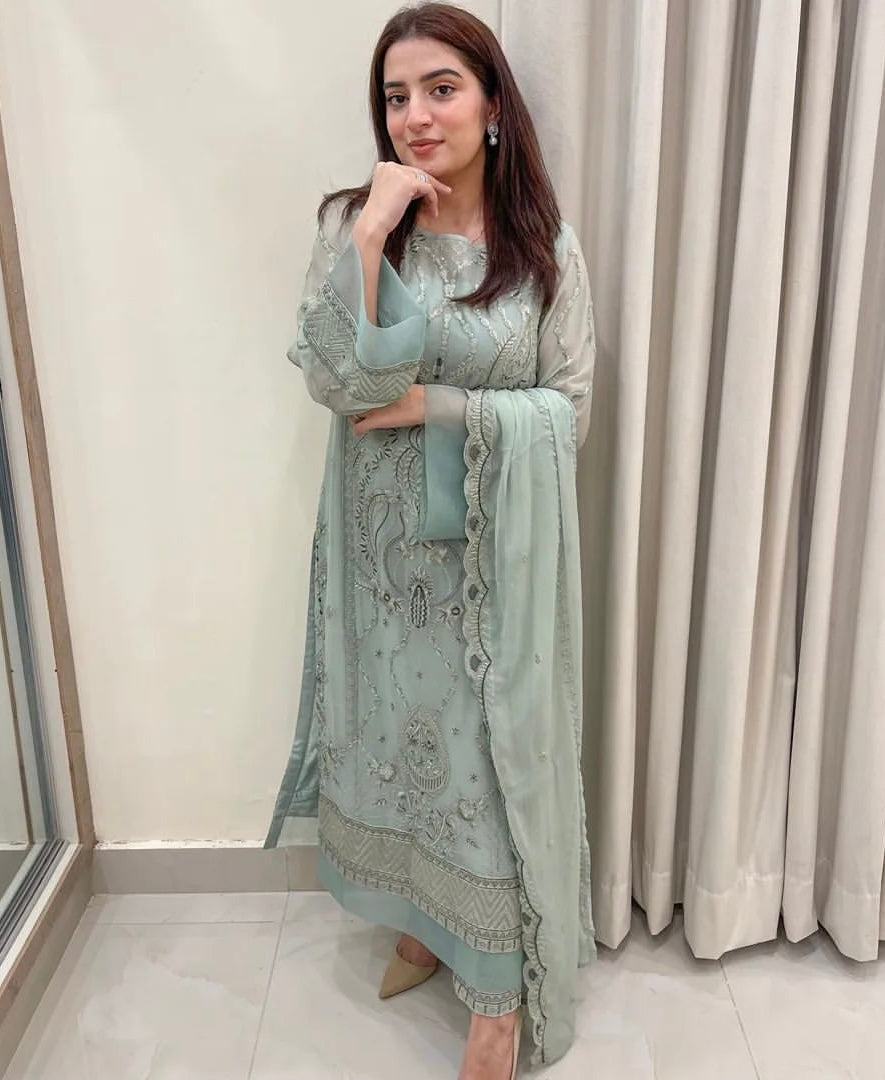 Party Wear Look Heavy Faux Georgette Top Bottom & Dupatta Set