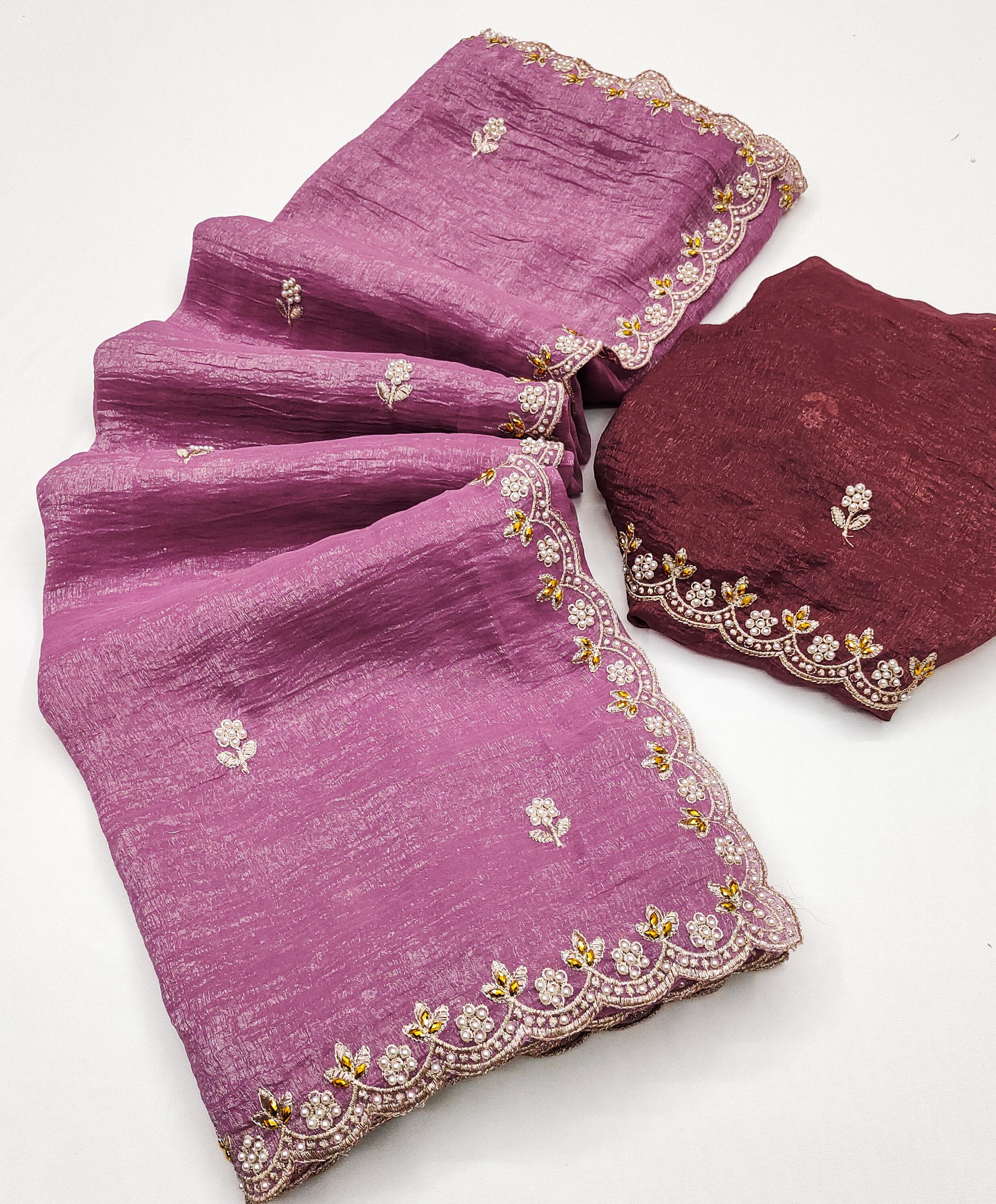 Designer Saree With Embroidery Work & Moti Pearls Hand Work