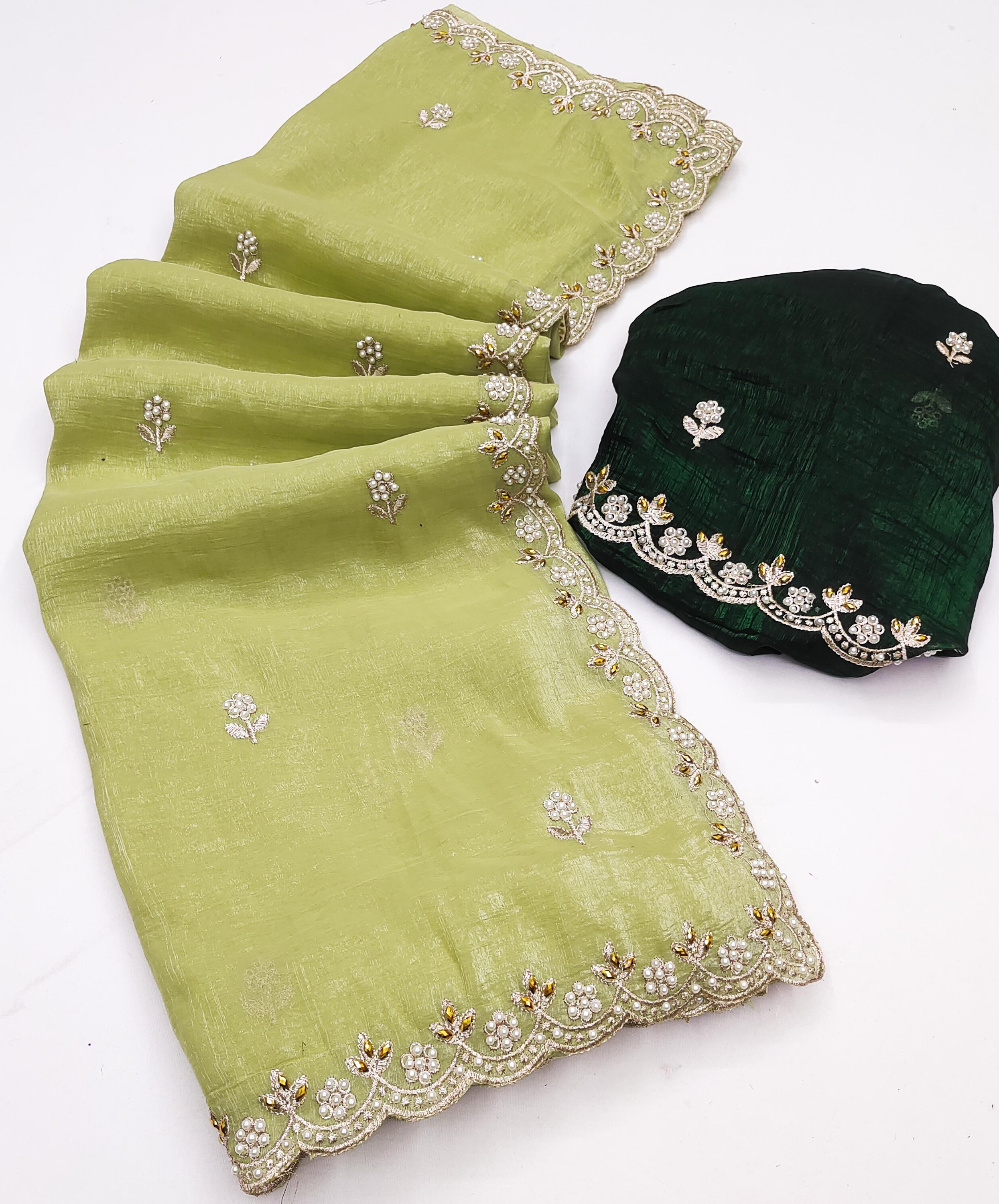 Designer Saree With Embroidery Work & Moti Pearls Hand Work