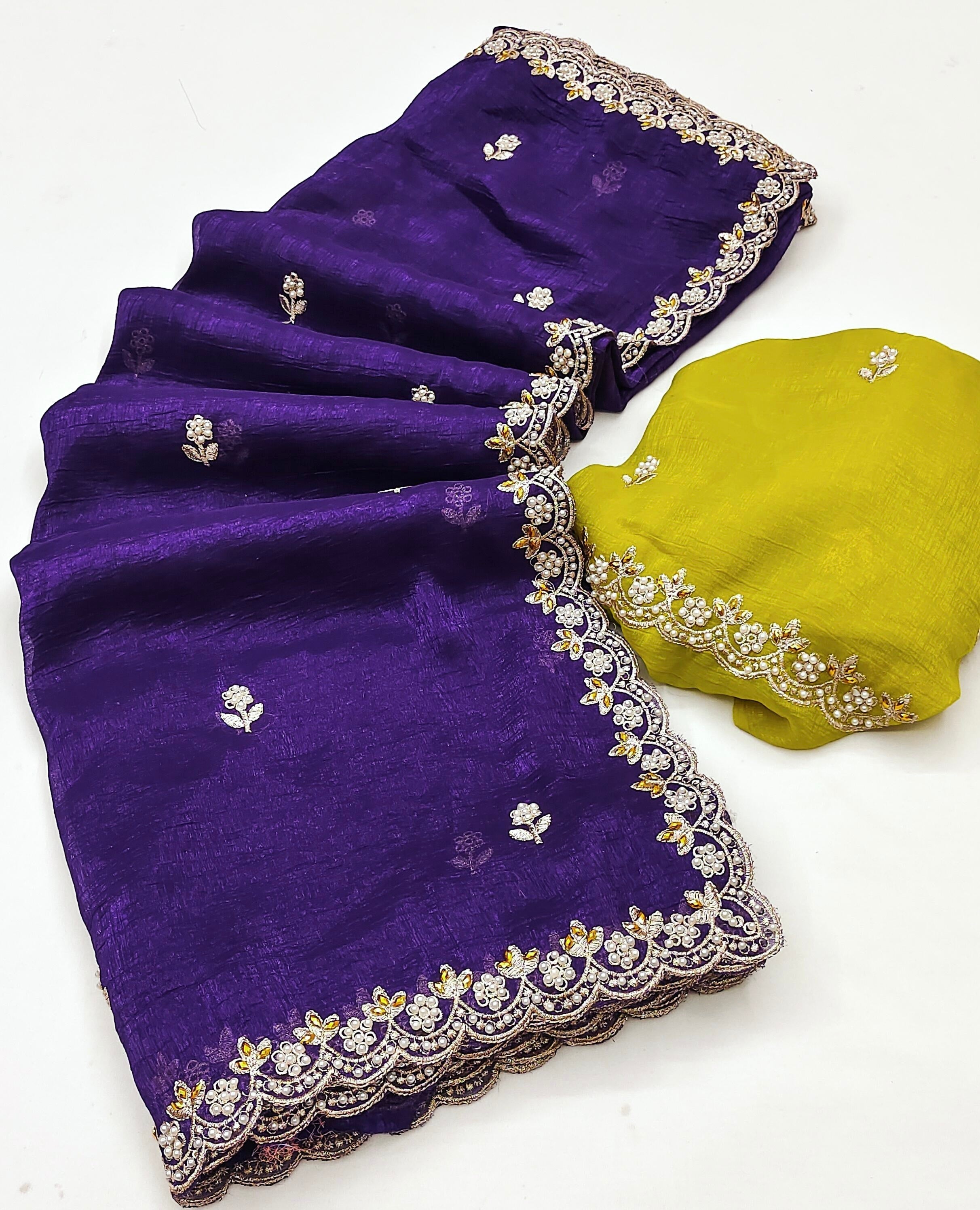 Designer Saree With Embroidery Work & Moti Pearls Hand Work